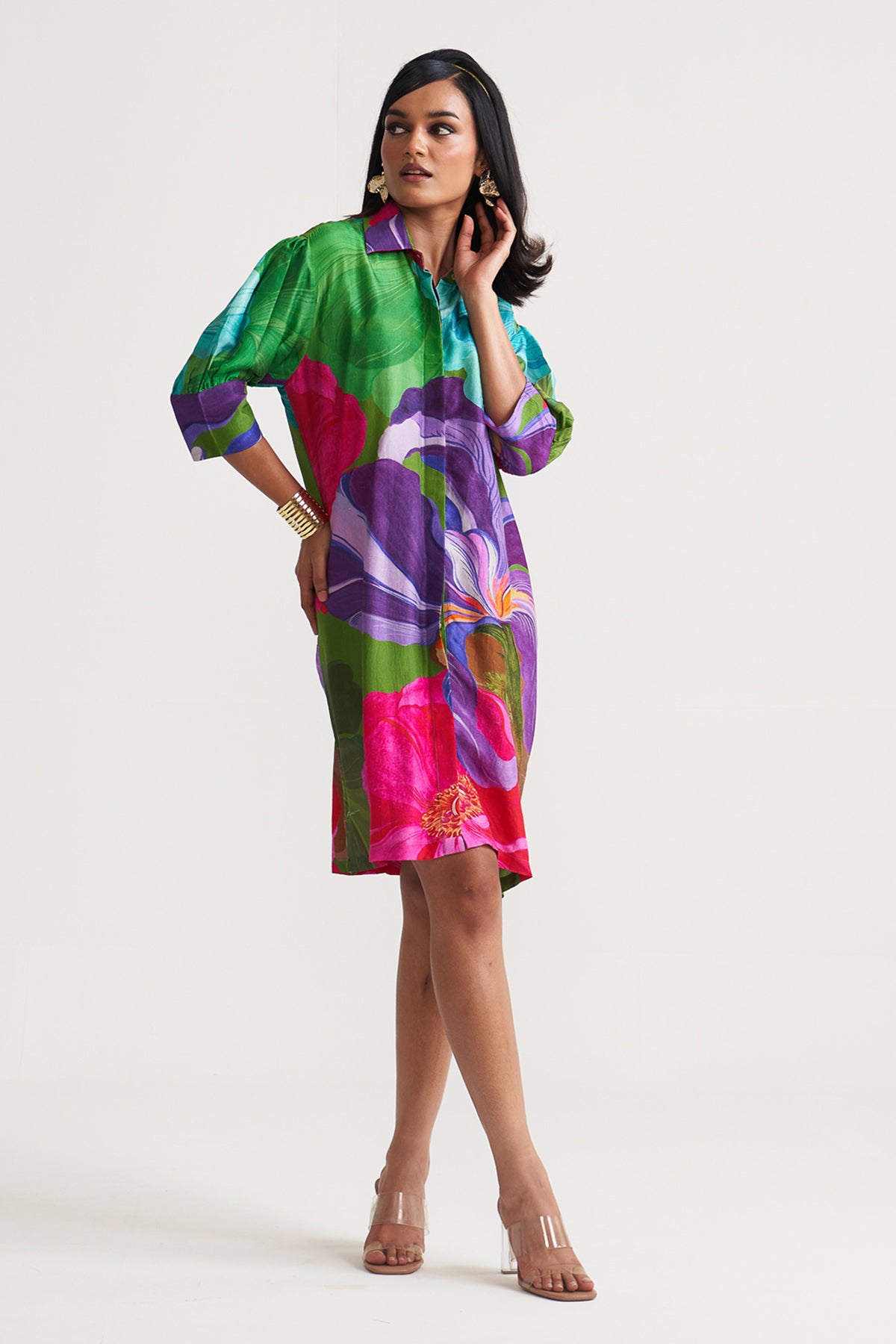 Box yoke pleated dress