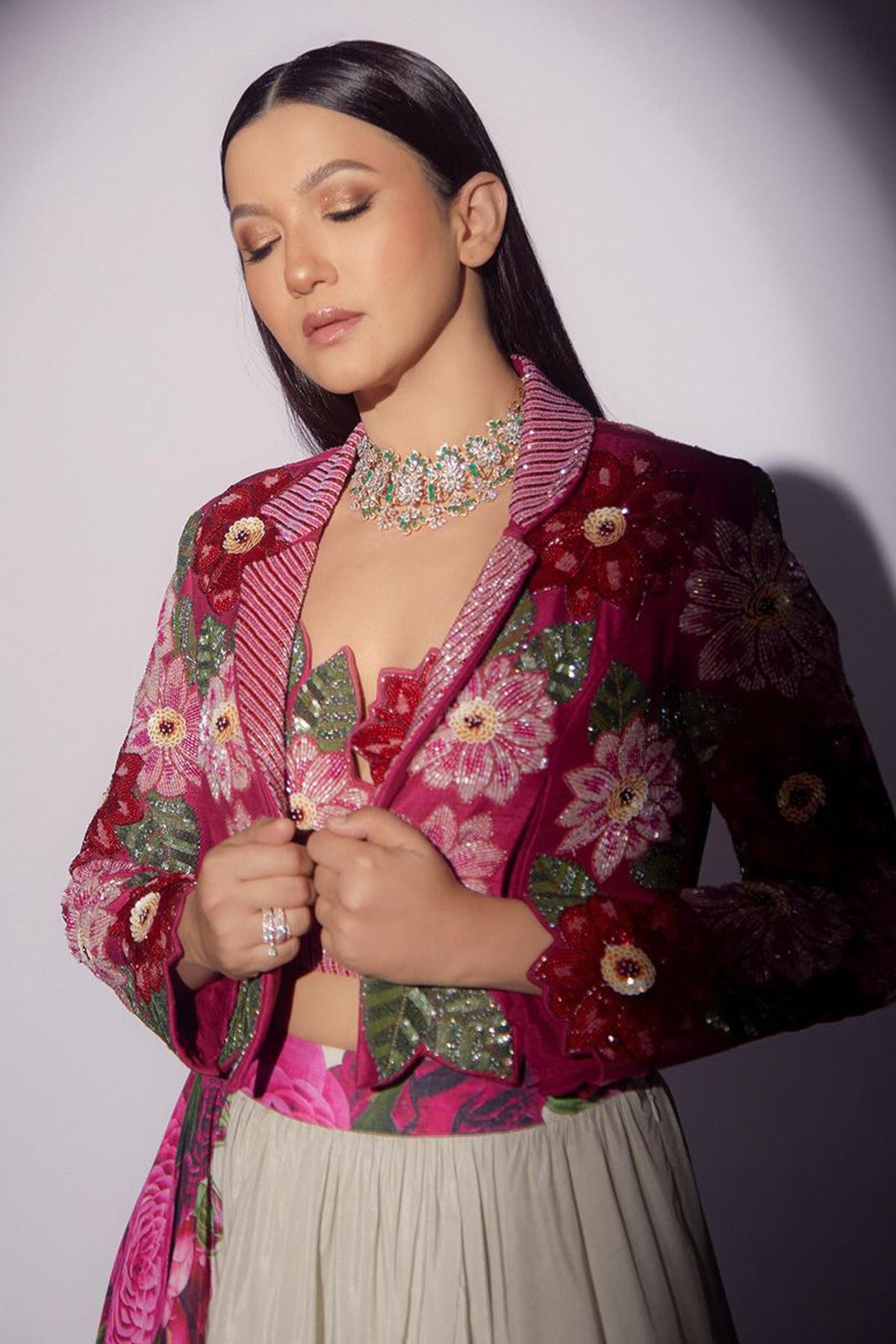 Gauhar Khan in Floral Crop Blazer with Lehenga