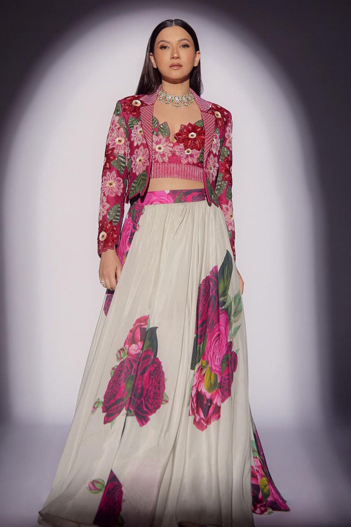 Gauhar Khan in Floral Crop Blazer with Lehenga
