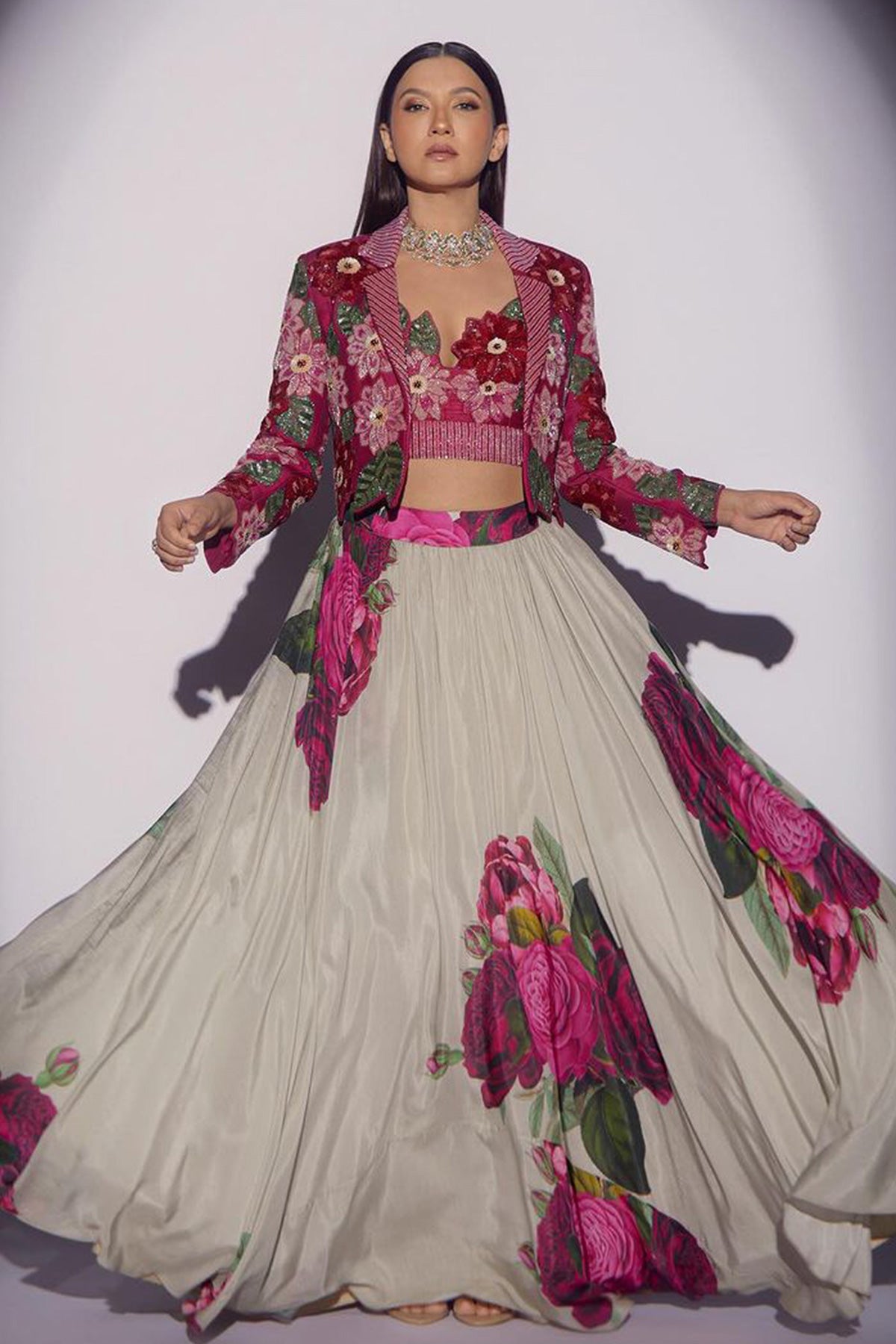 Gauhar Khan in Floral Crop Blazer with Lehenga
