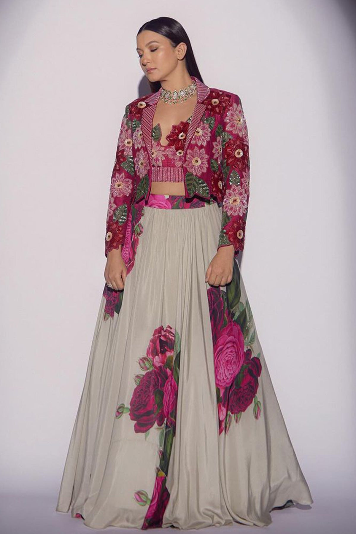 Gauhar Khan in Floral Crop Blazer with Lehenga