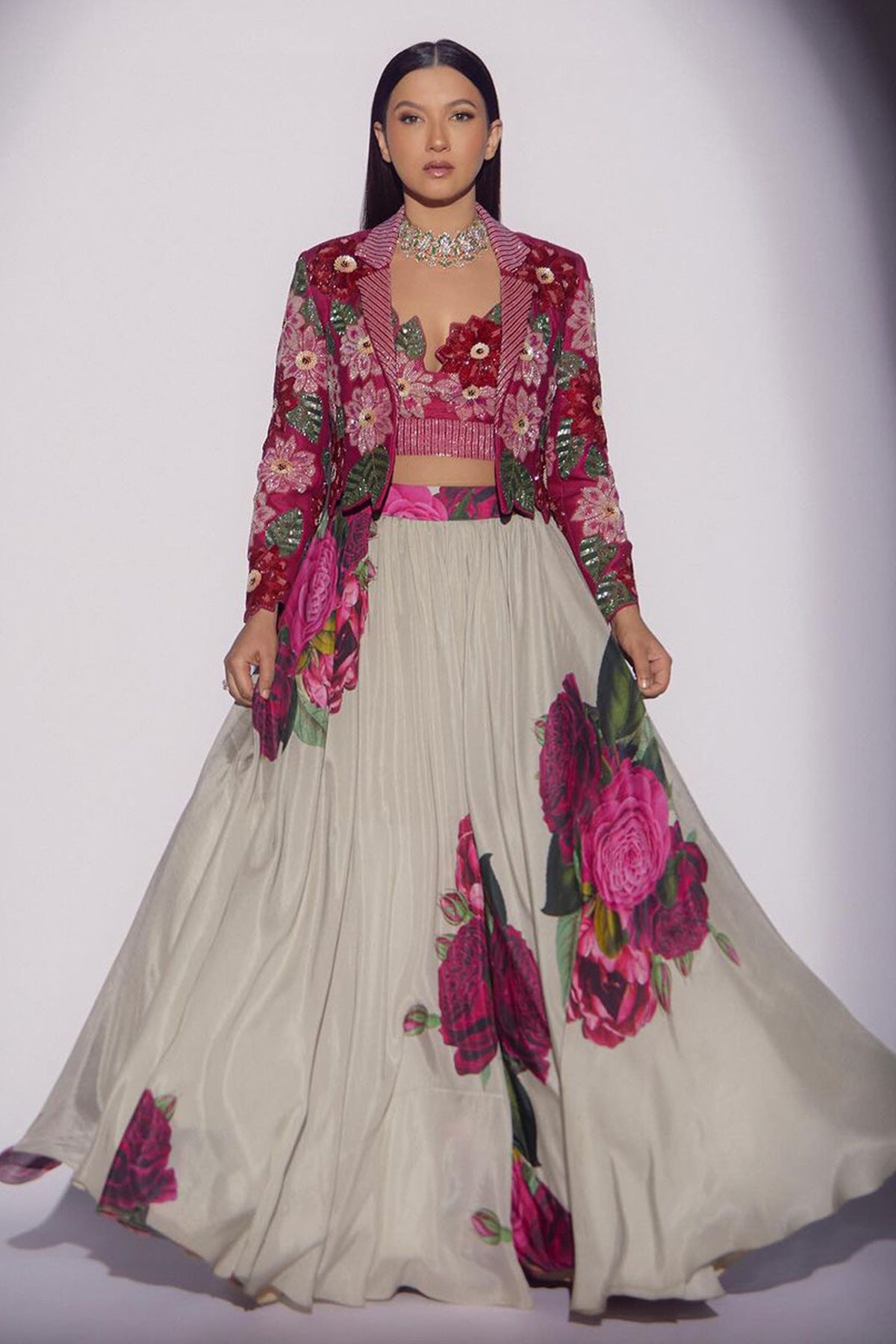Gauhar Khan in Floral Crop Blazer with Lehenga