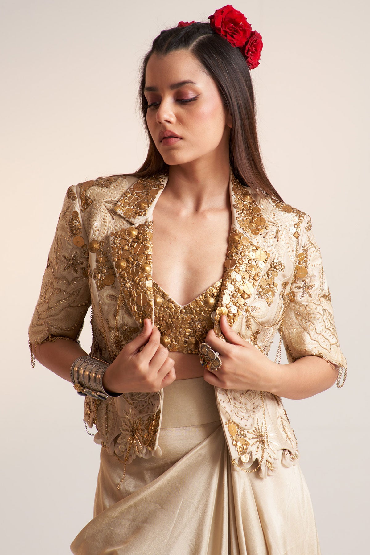 Ivory vintage lily crop blazer set