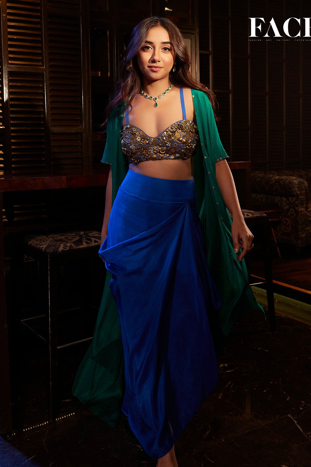 Prajakta Koli in Gold aqua drape skirt and cape set