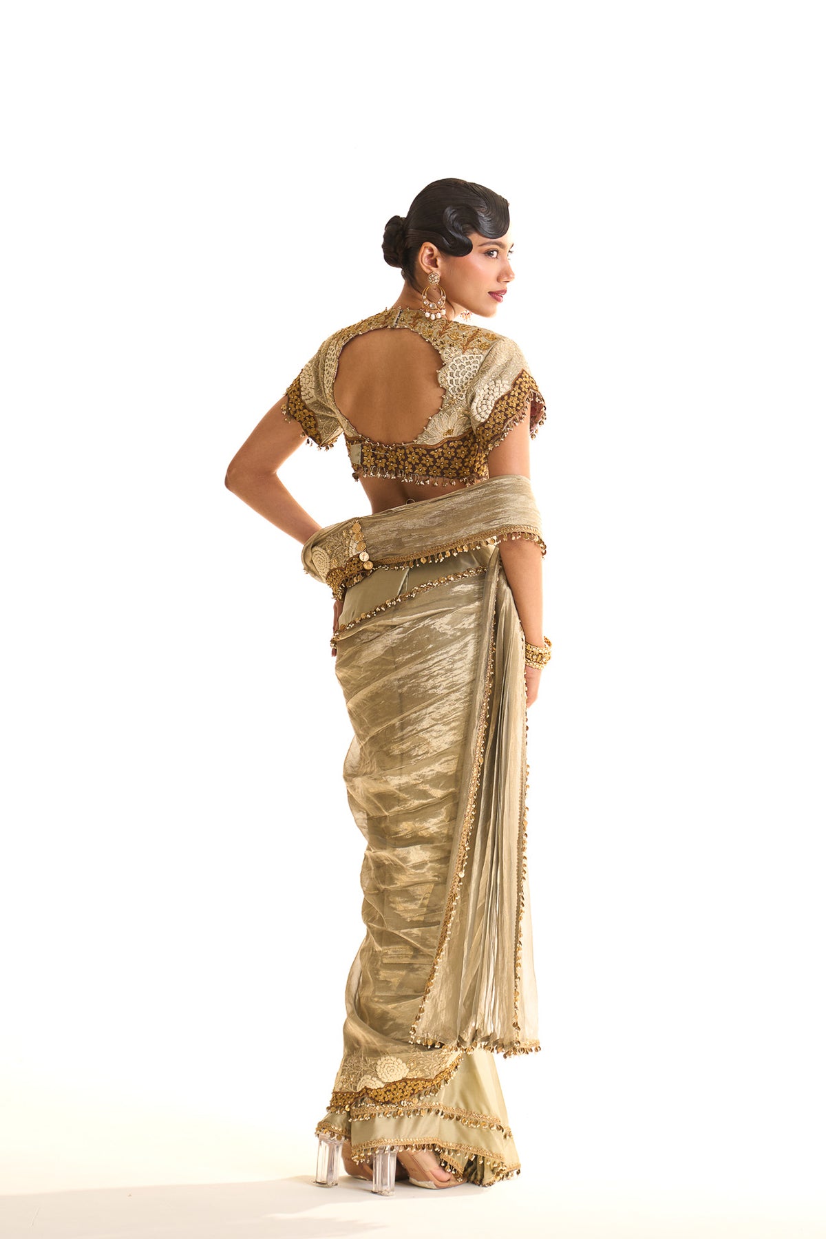 Aqua pearl draped saree
