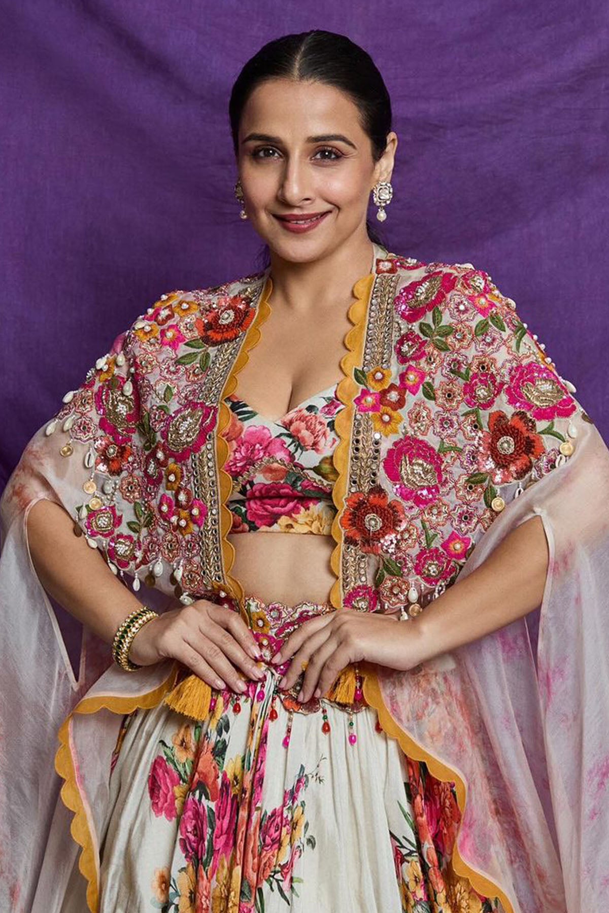 Vidya balan  in IVORY MULTI FLORAL CAPE LEHENGA SET
