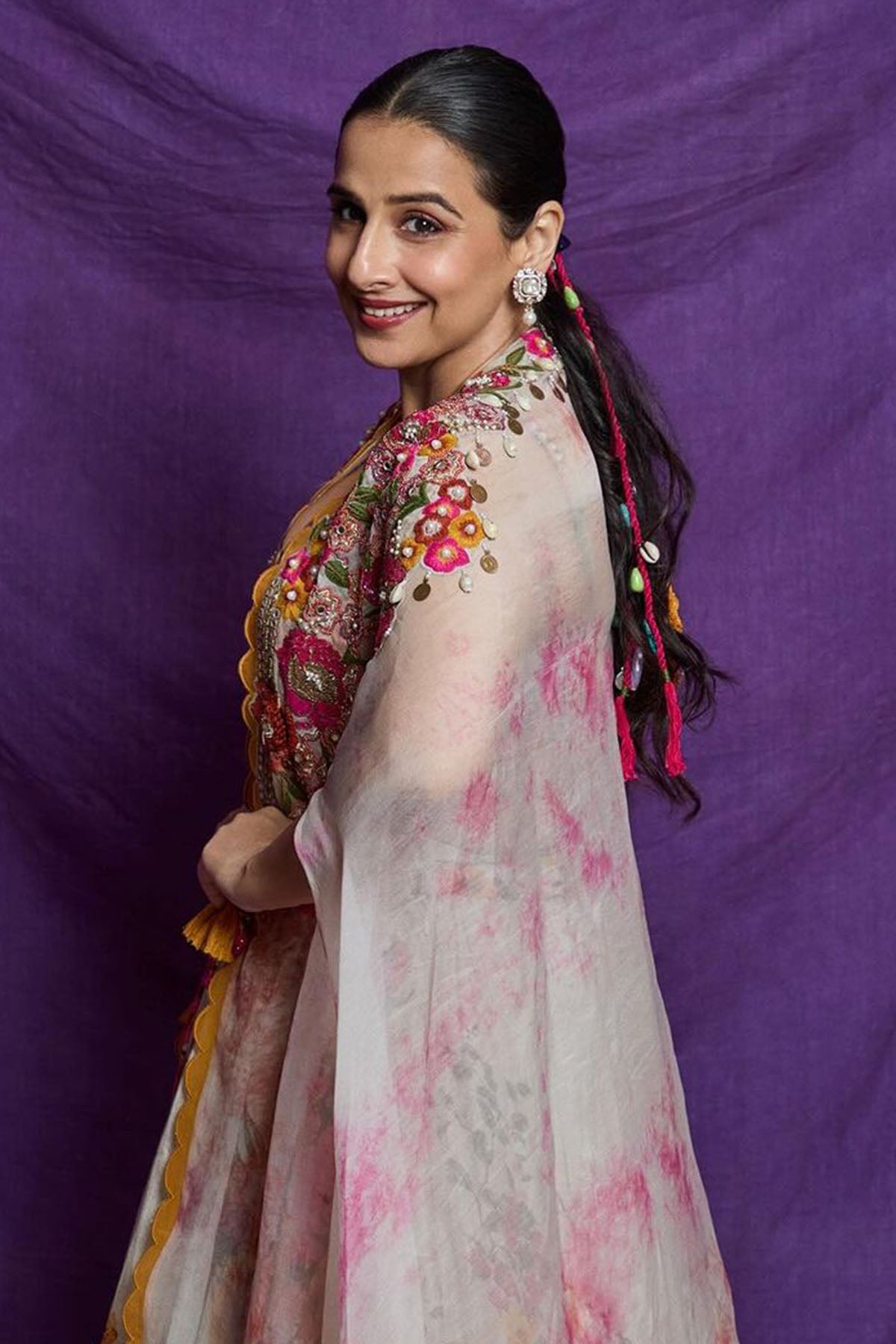 Vidya balan in IVORY MULTI FLORAL CAPE LEHENGA SET