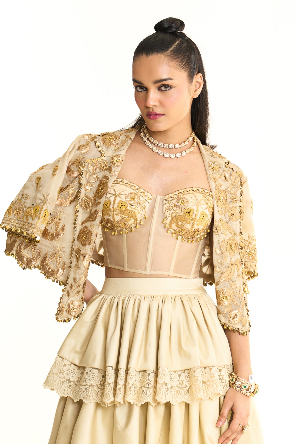 Overlap jacket with tier skirt set