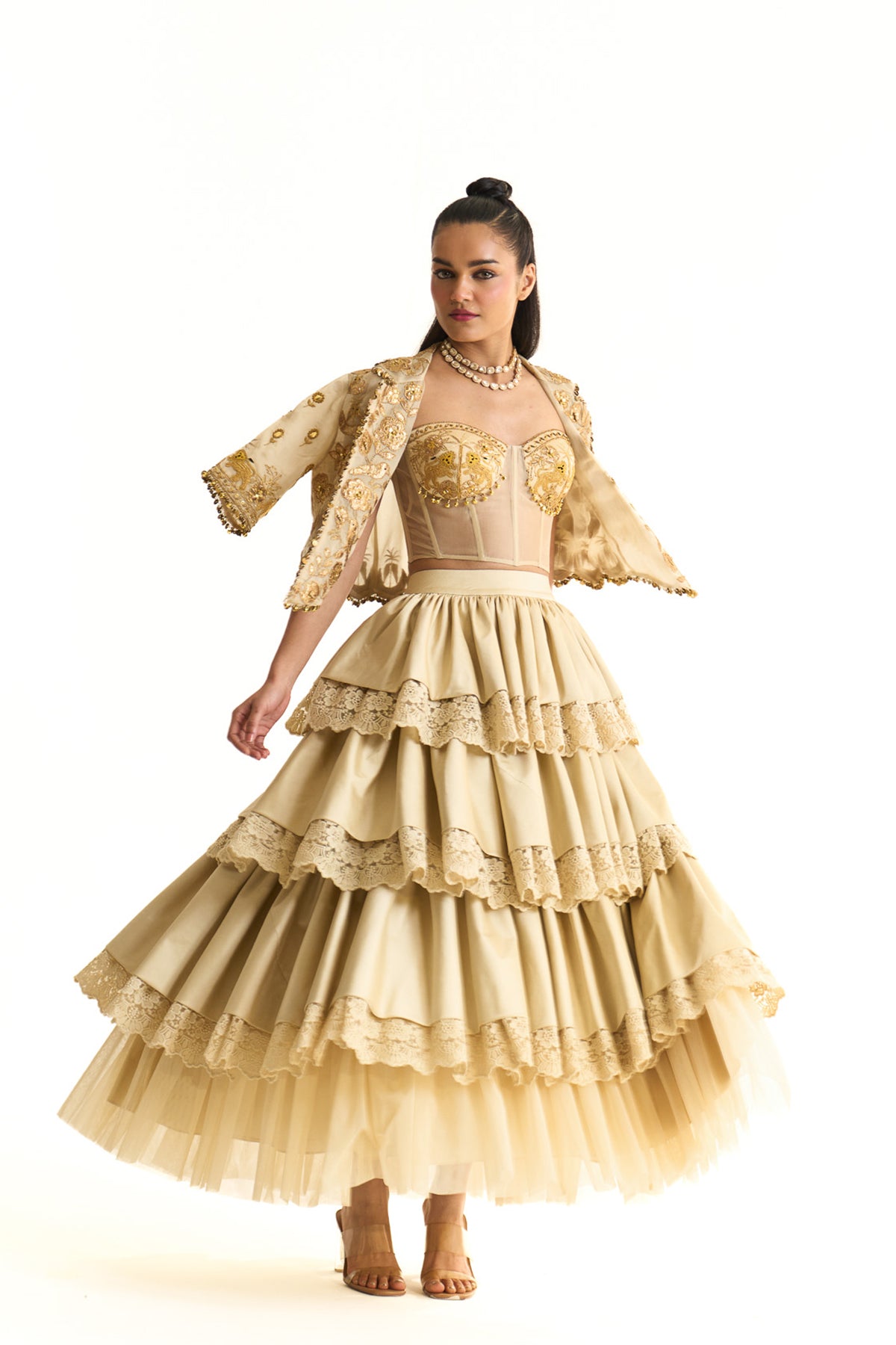 Overlap jacket with tier skirt set