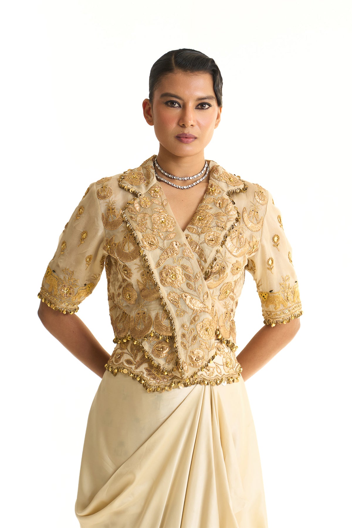 Overlap jacket with drape skirt set