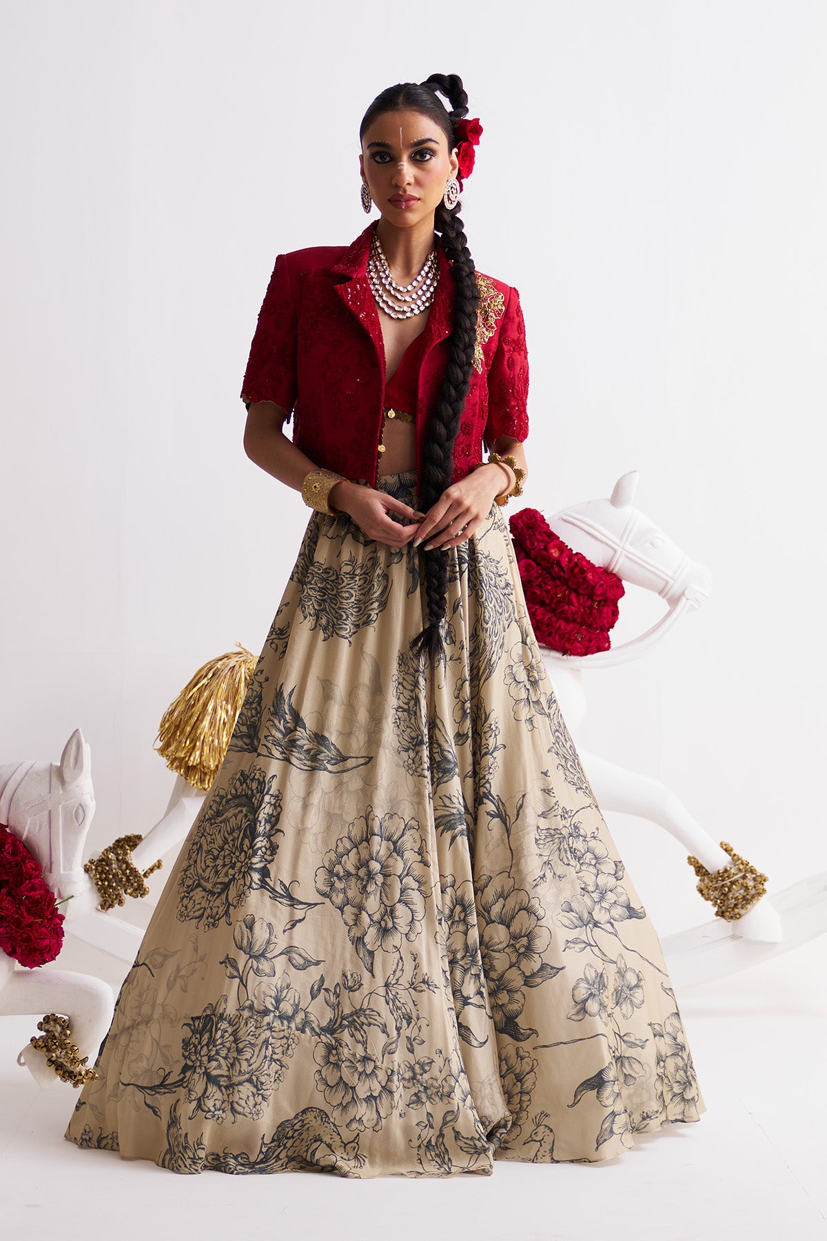 Crop blazer with printed lehenga set