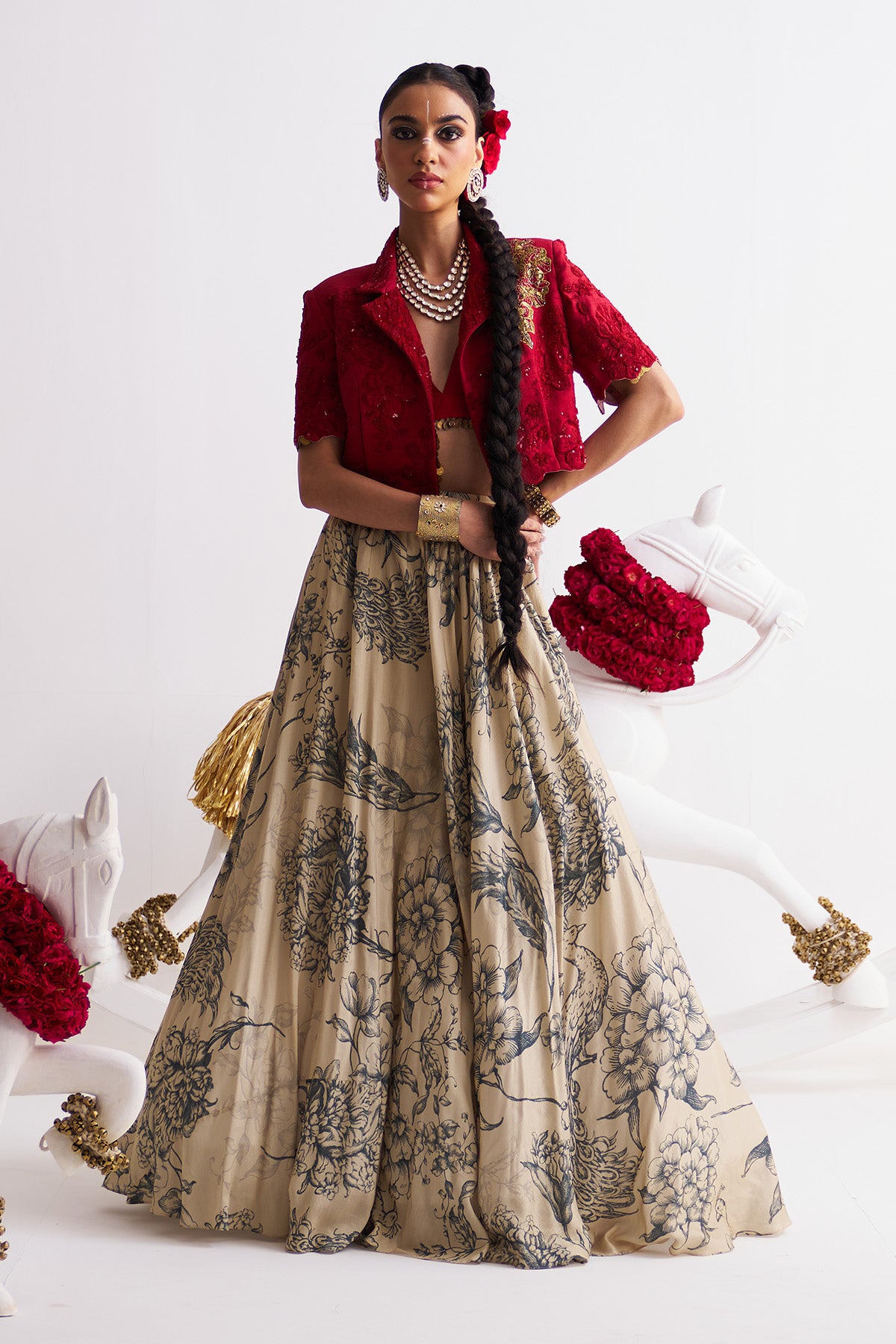 Crop blazer with printed lehenga set