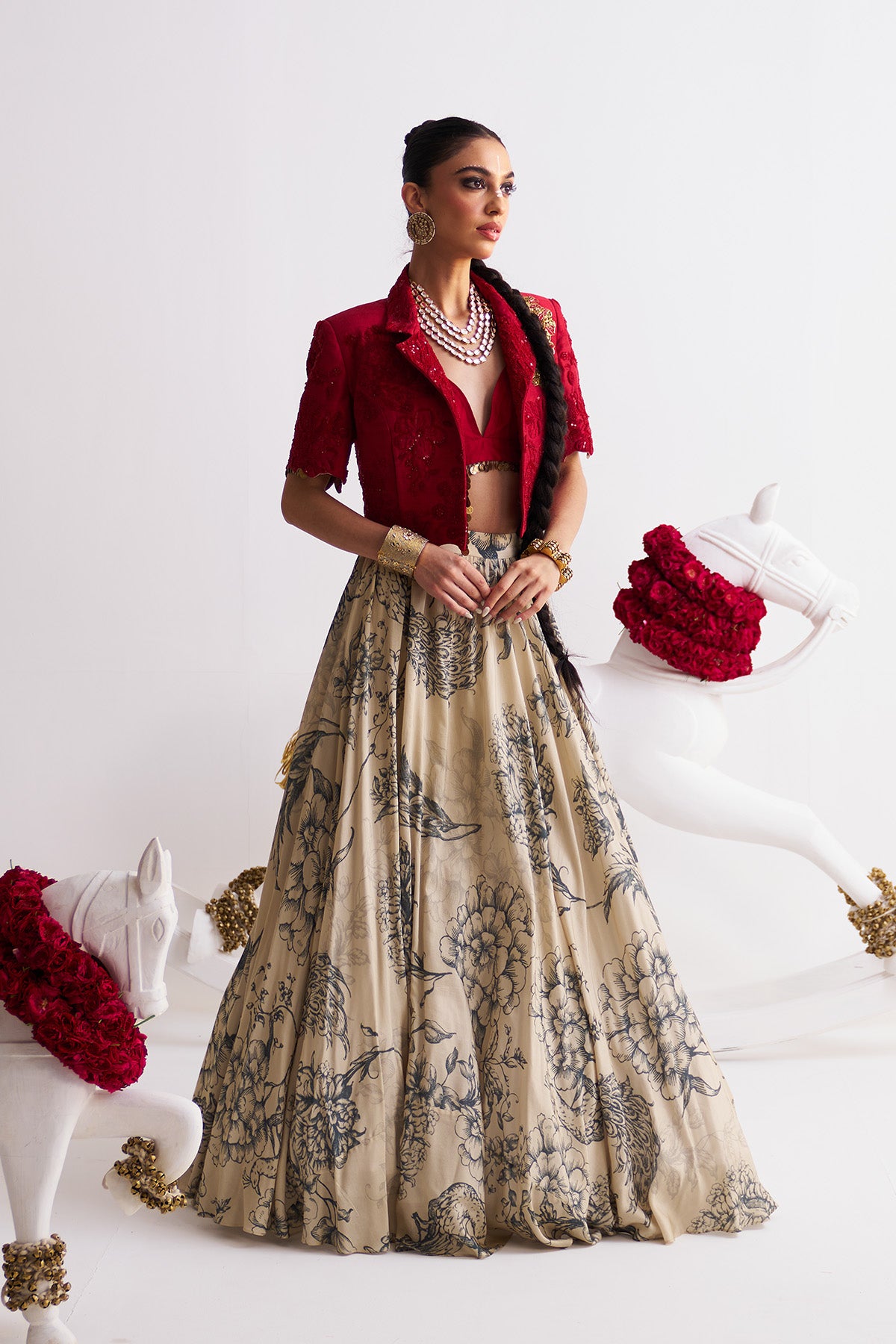 Scarlet bloom Crop blazer with printed lehenga set