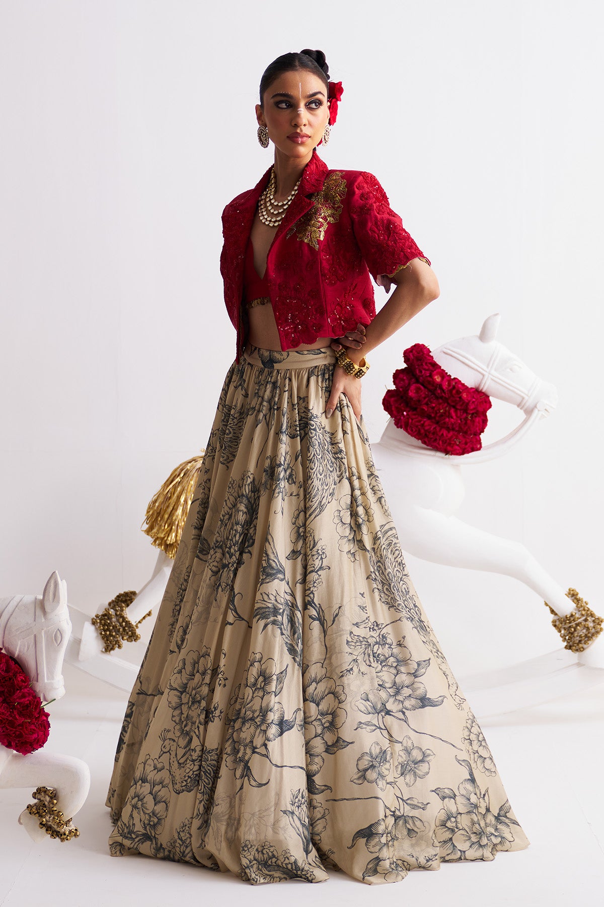 Scarlet bloom Crop blazer with printed lehenga set