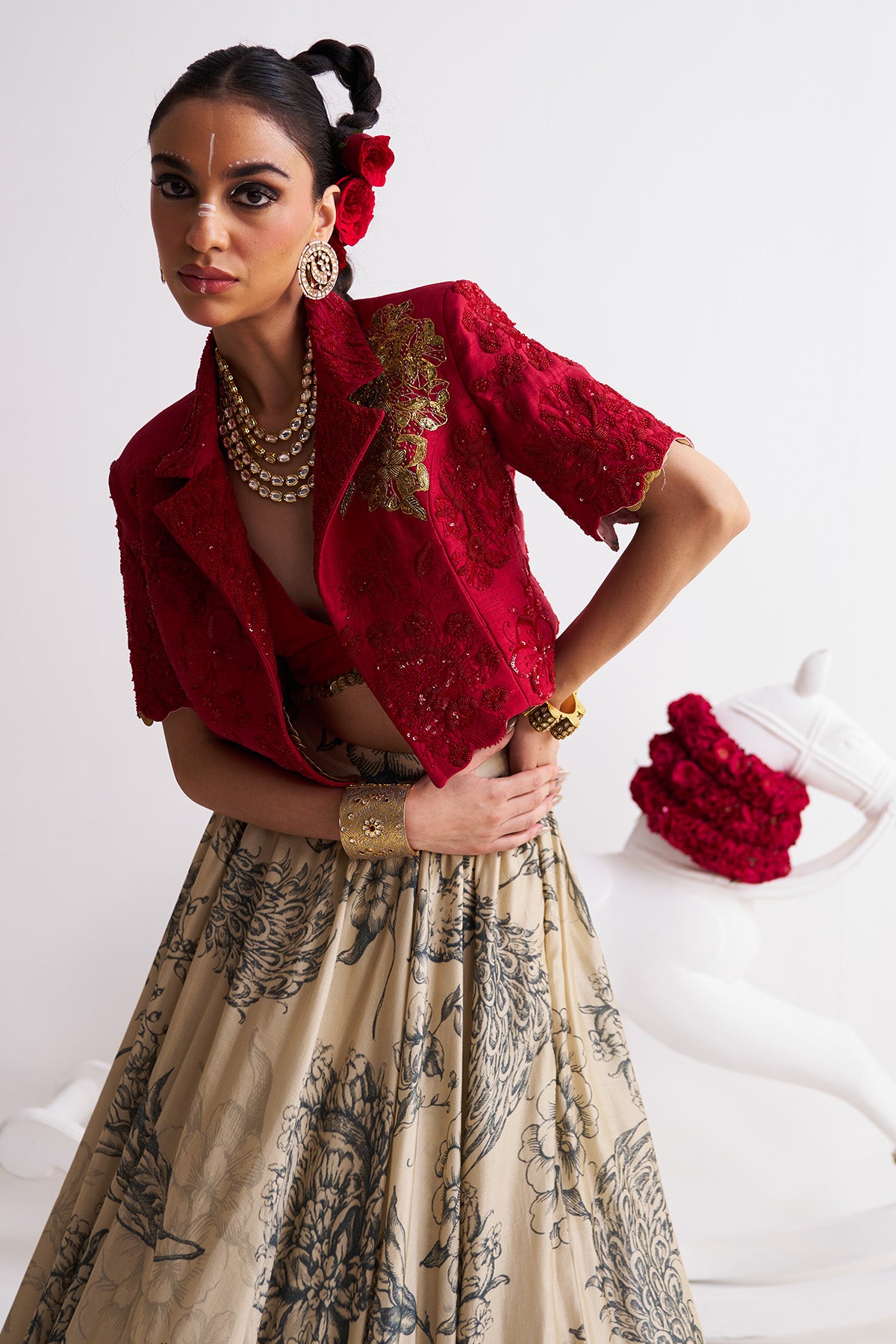 Scarlet bloom Crop blazer with printed lehenga set