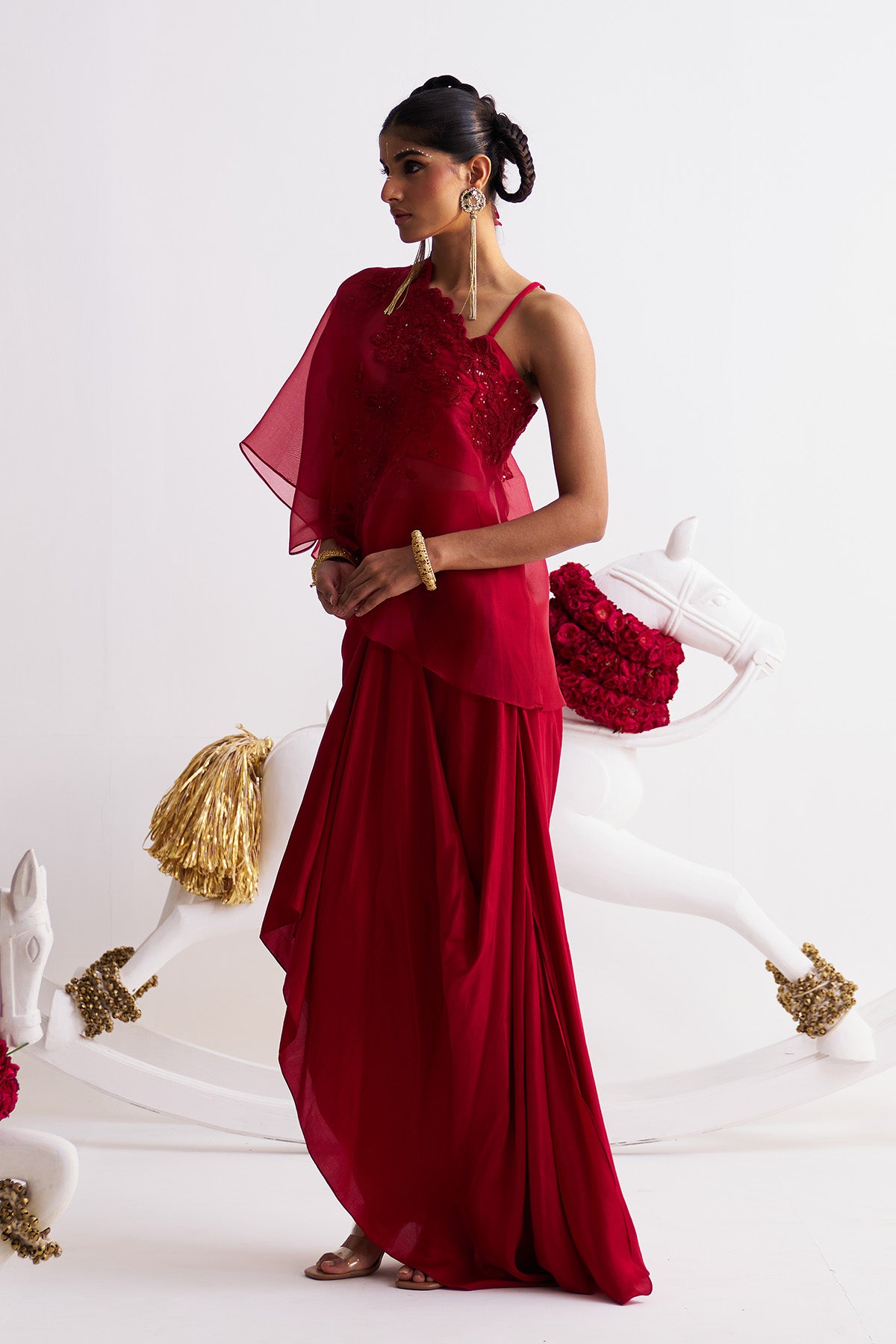 Embroidered organza off shoulder with skirt set