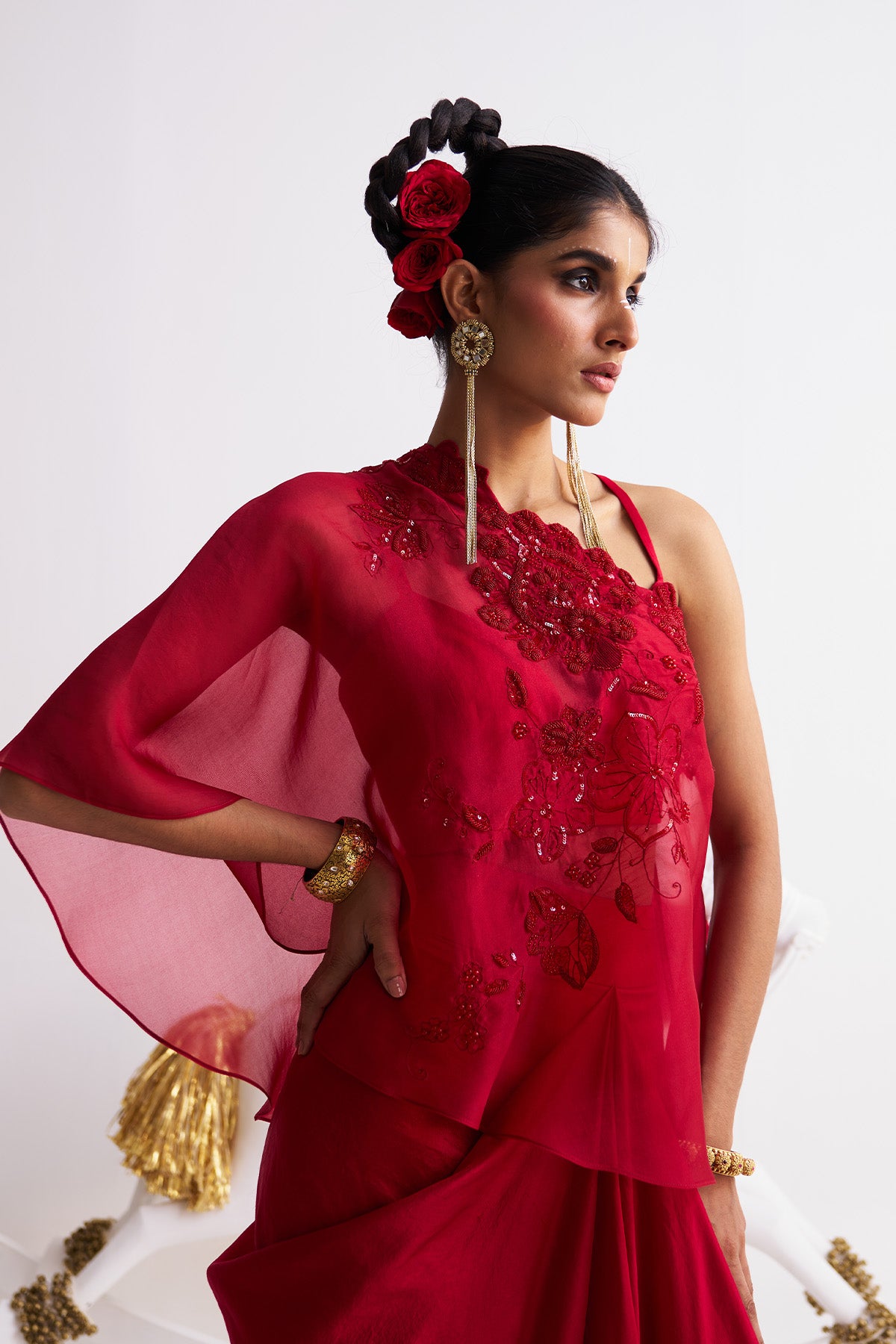 Embroidered organza off shoulder with skirt set