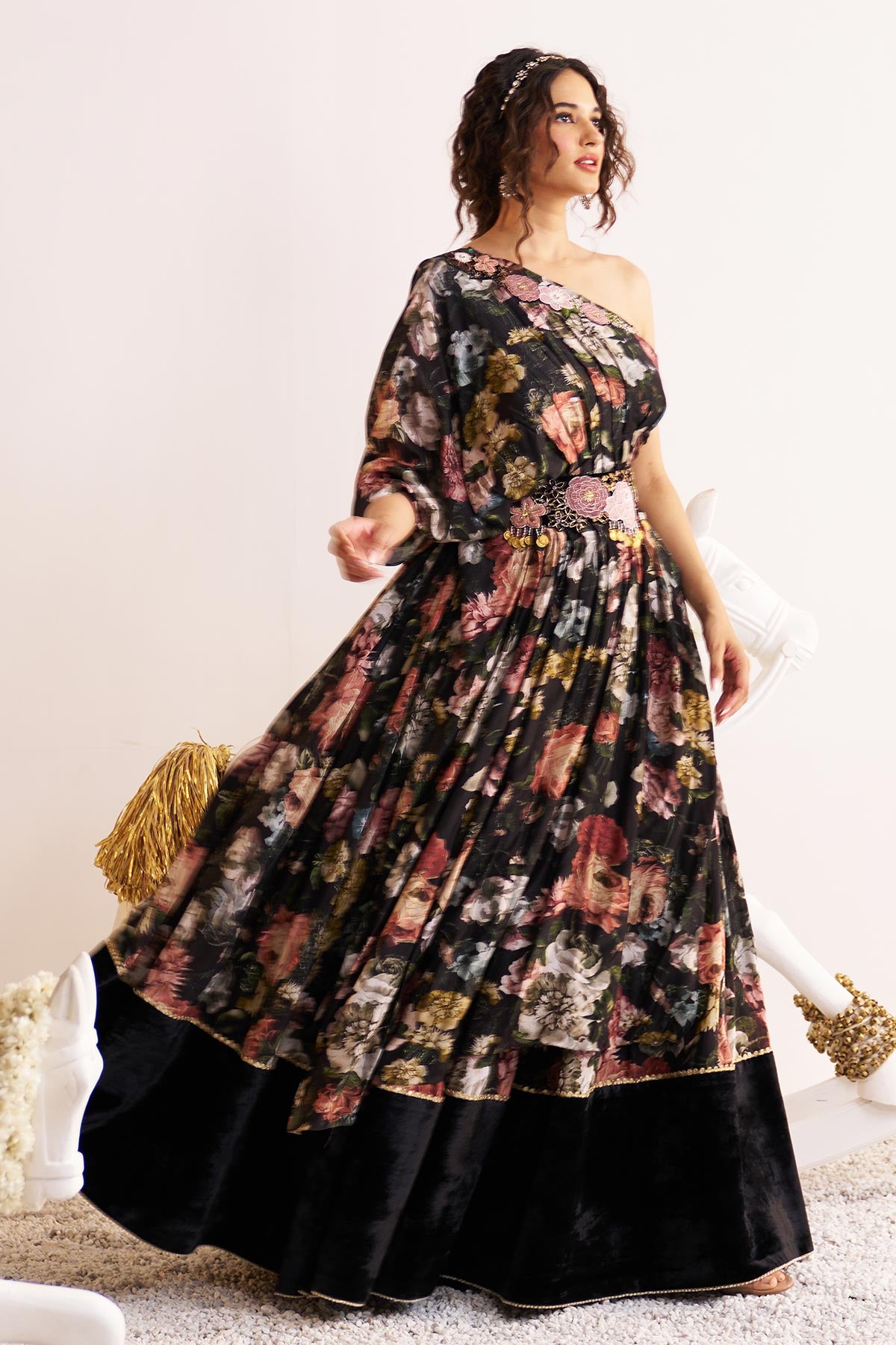 One shoulder drape and skirt set