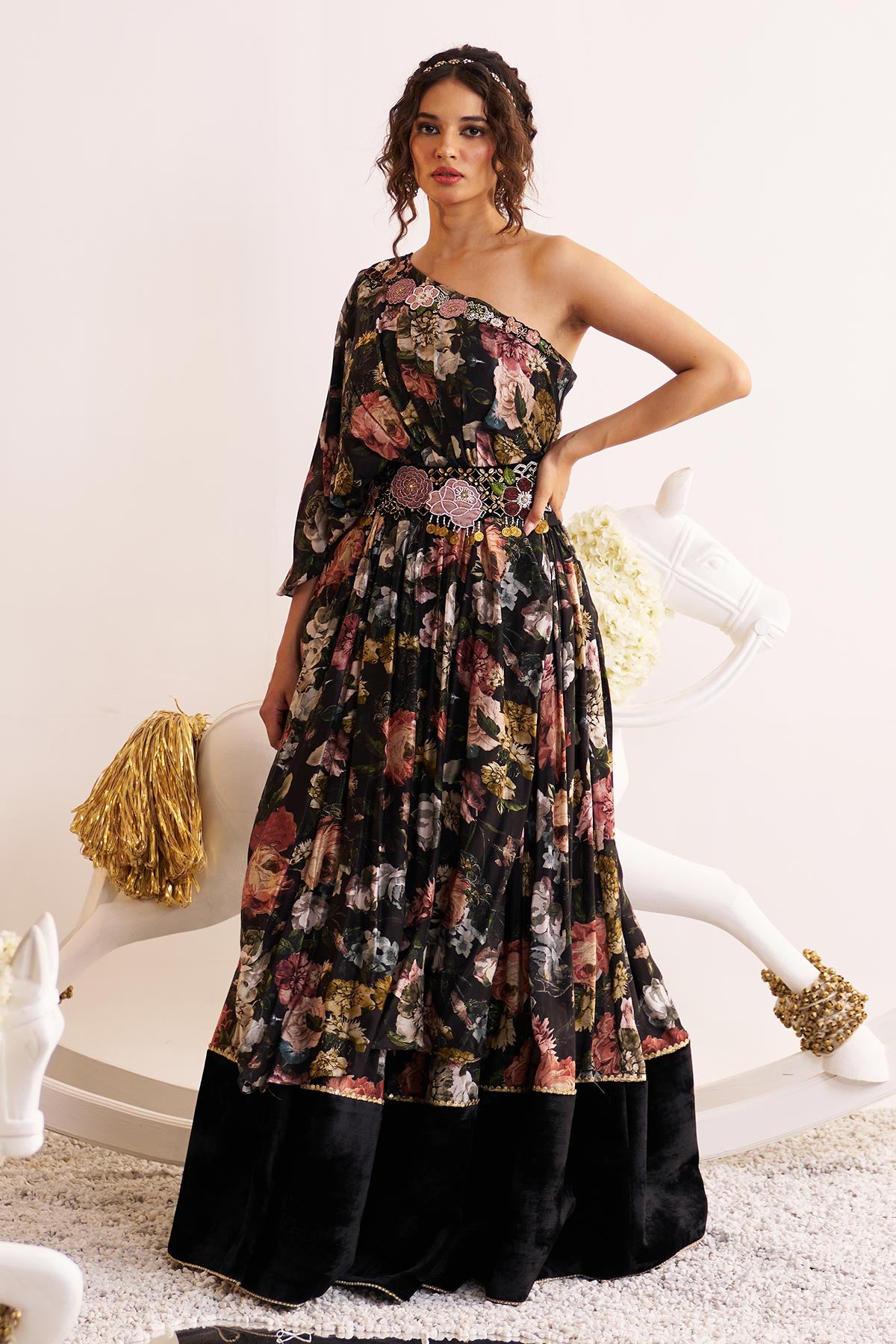 One shoulder drape and skirt set
