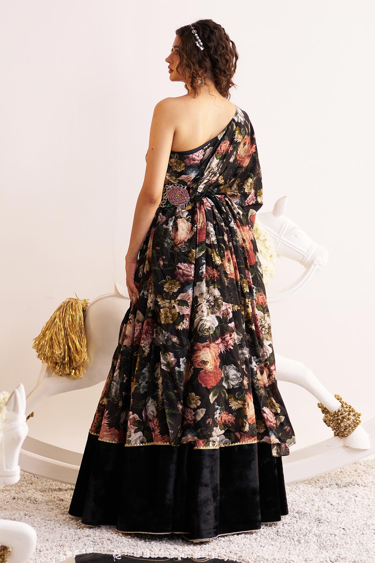 One shoulder drape and skirt set