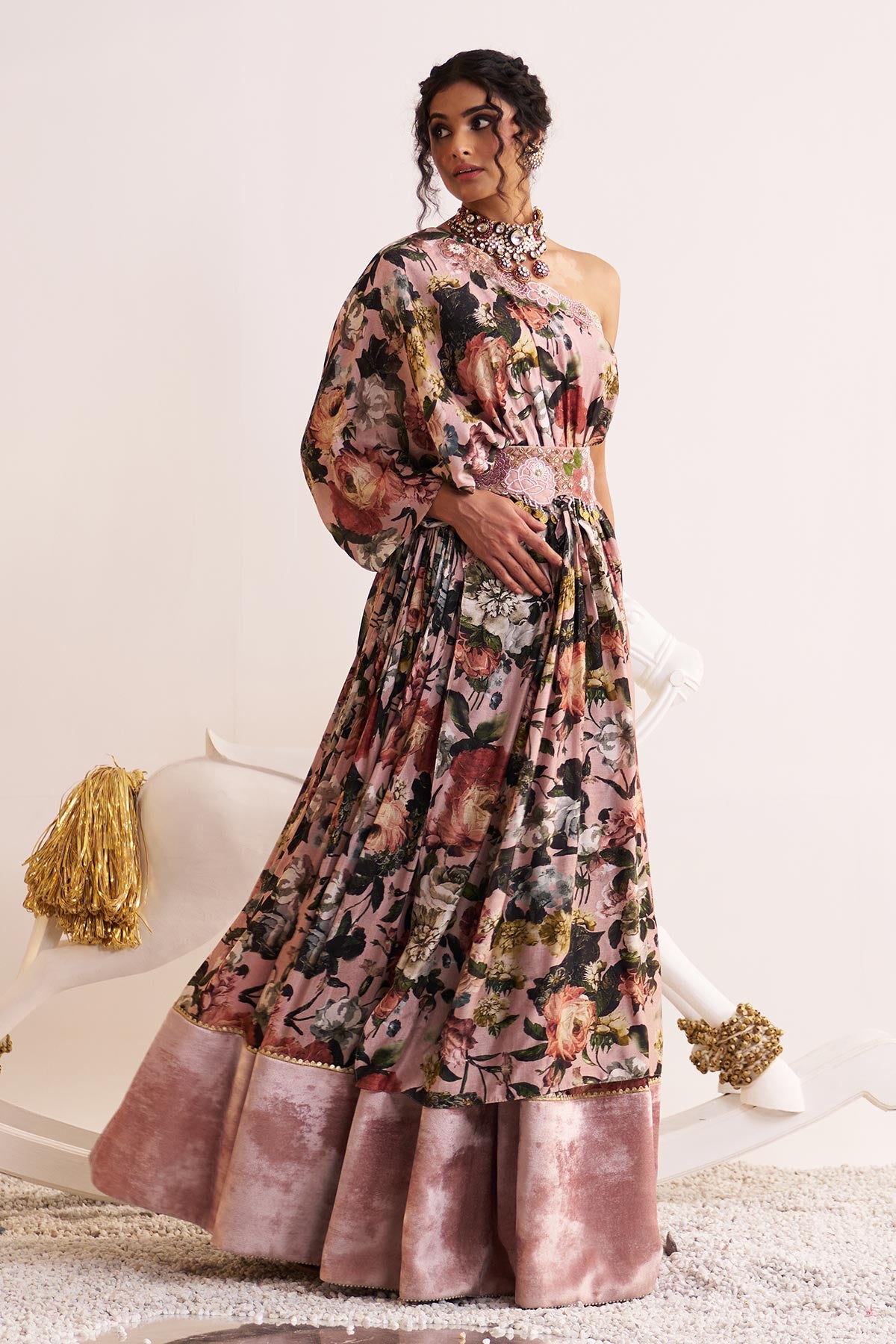 One shoulder drape and skirt set