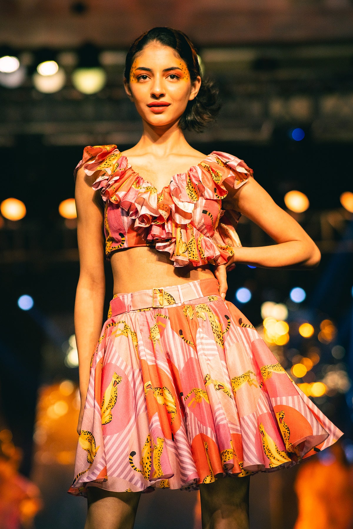 V- Neck Ruffle Top With Flared Skirt