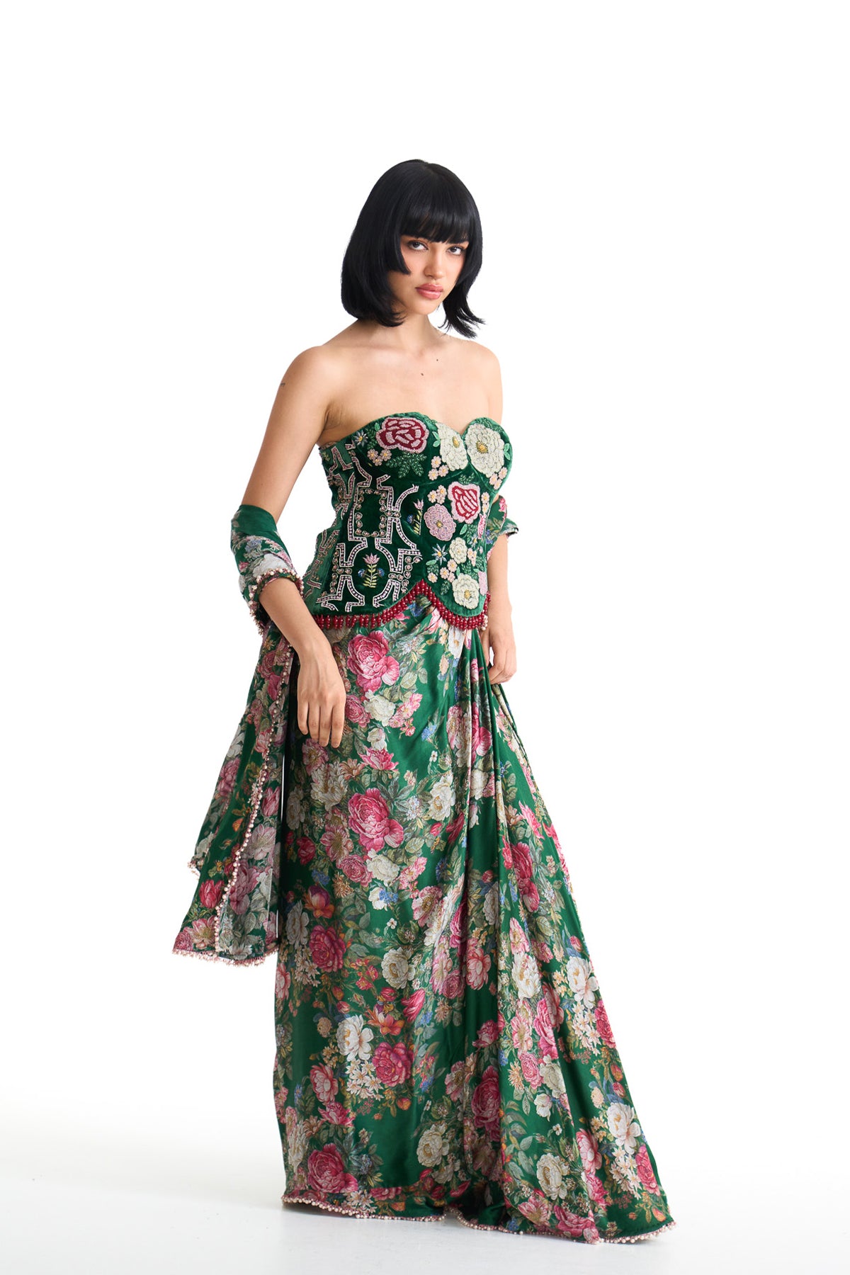 French rose corset saree set