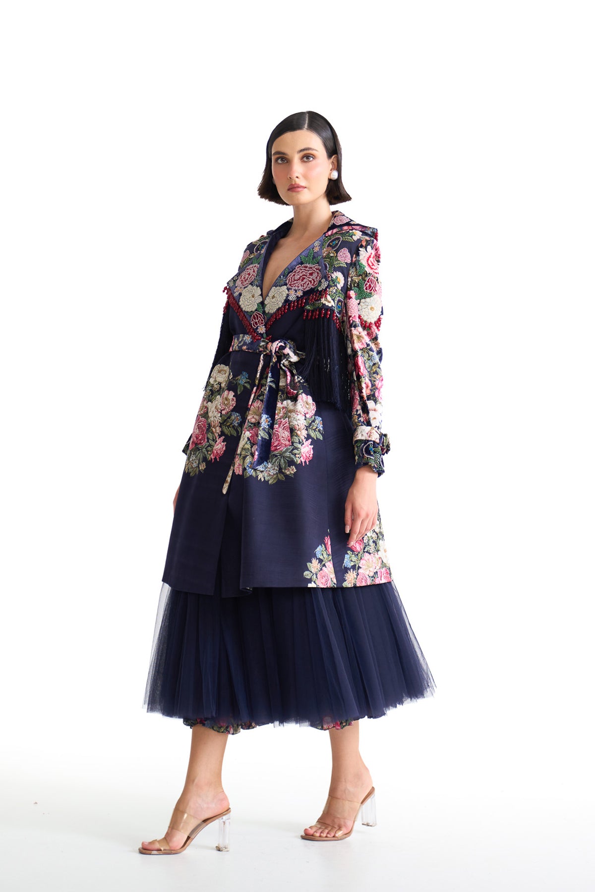 French rose trench coat skirt set