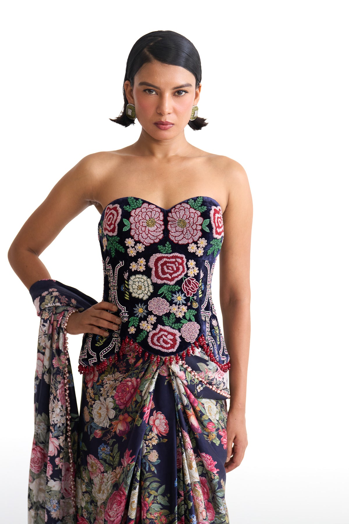 French rose corset saree set