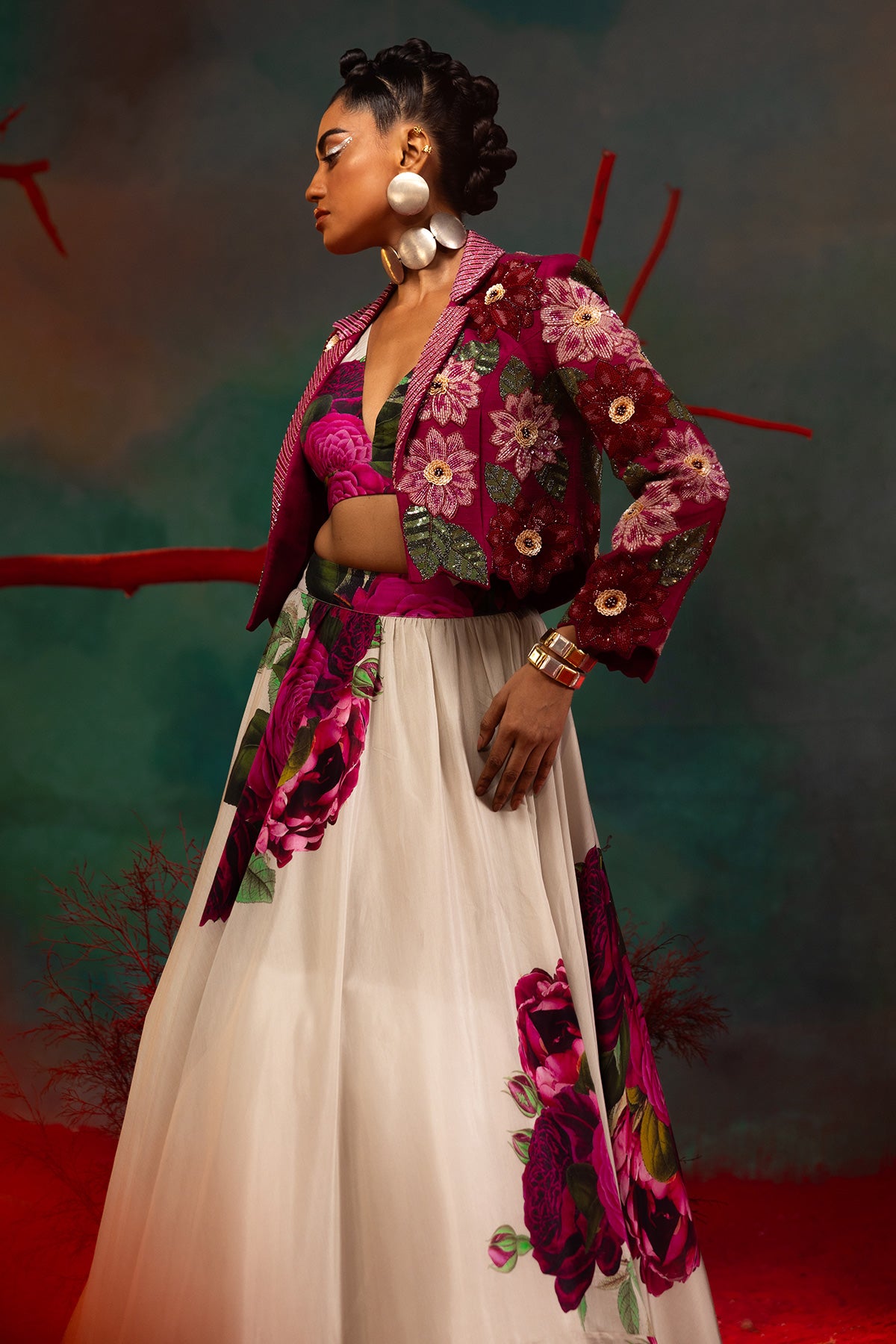 Floral Crop Blazer With Lehenga