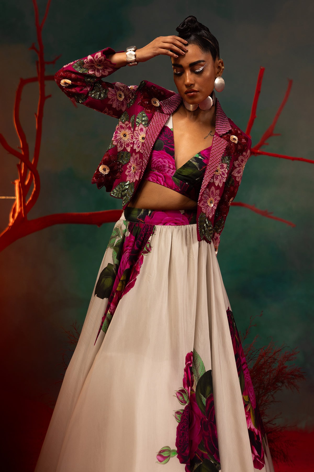 Floral Crop Blazer With Lehenga