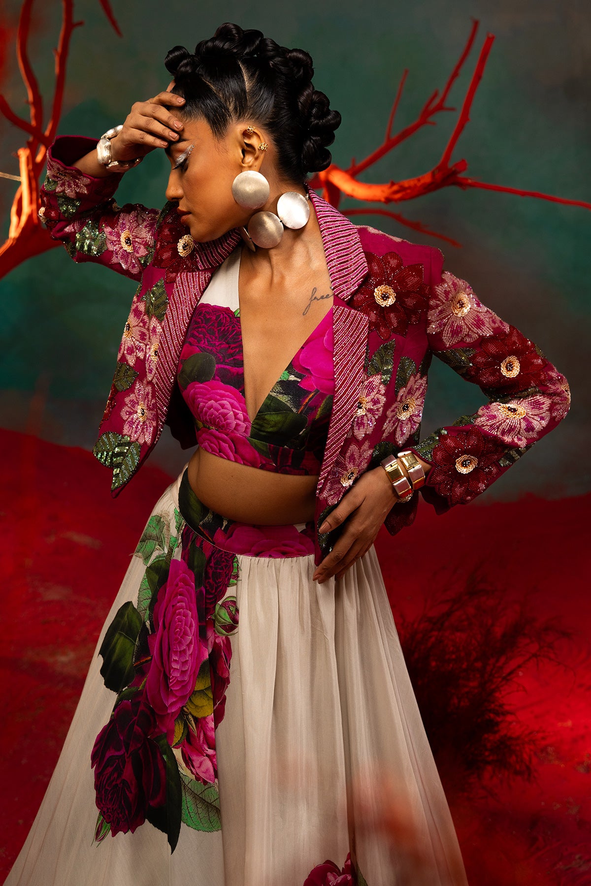 Floral Crop Blazer With Lehenga