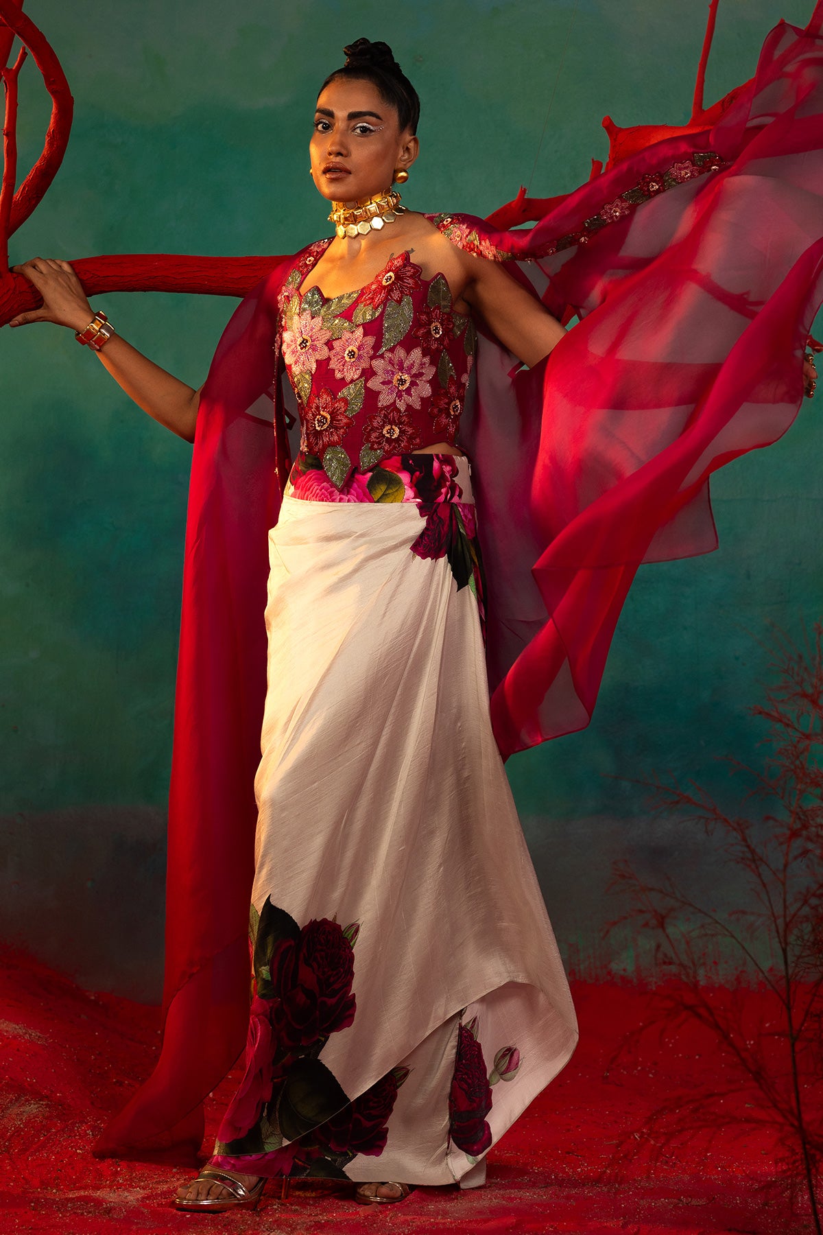 Embroidered Corset With Organza Cape With Drape Skirt
