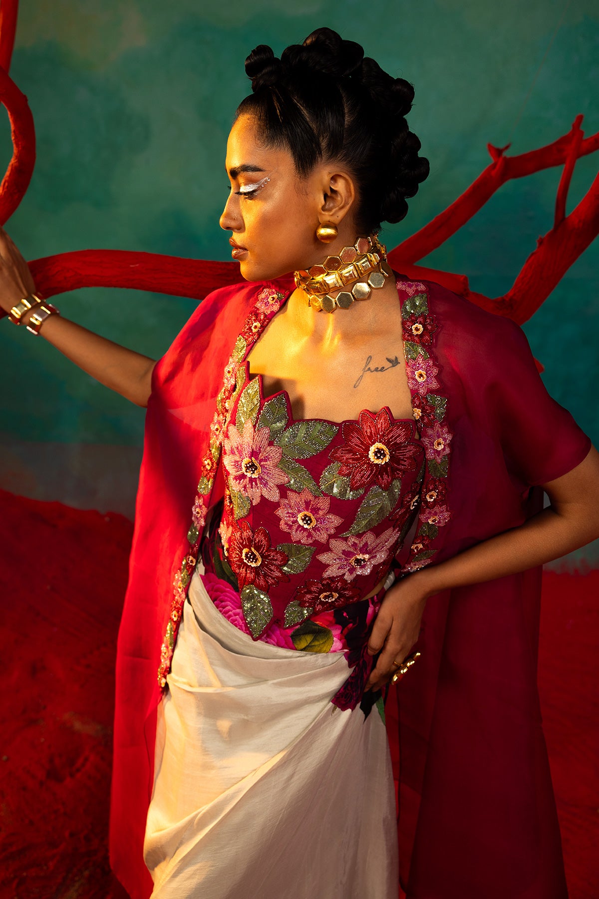 Embroidered Corset With Organza Cape With Drape Skirt