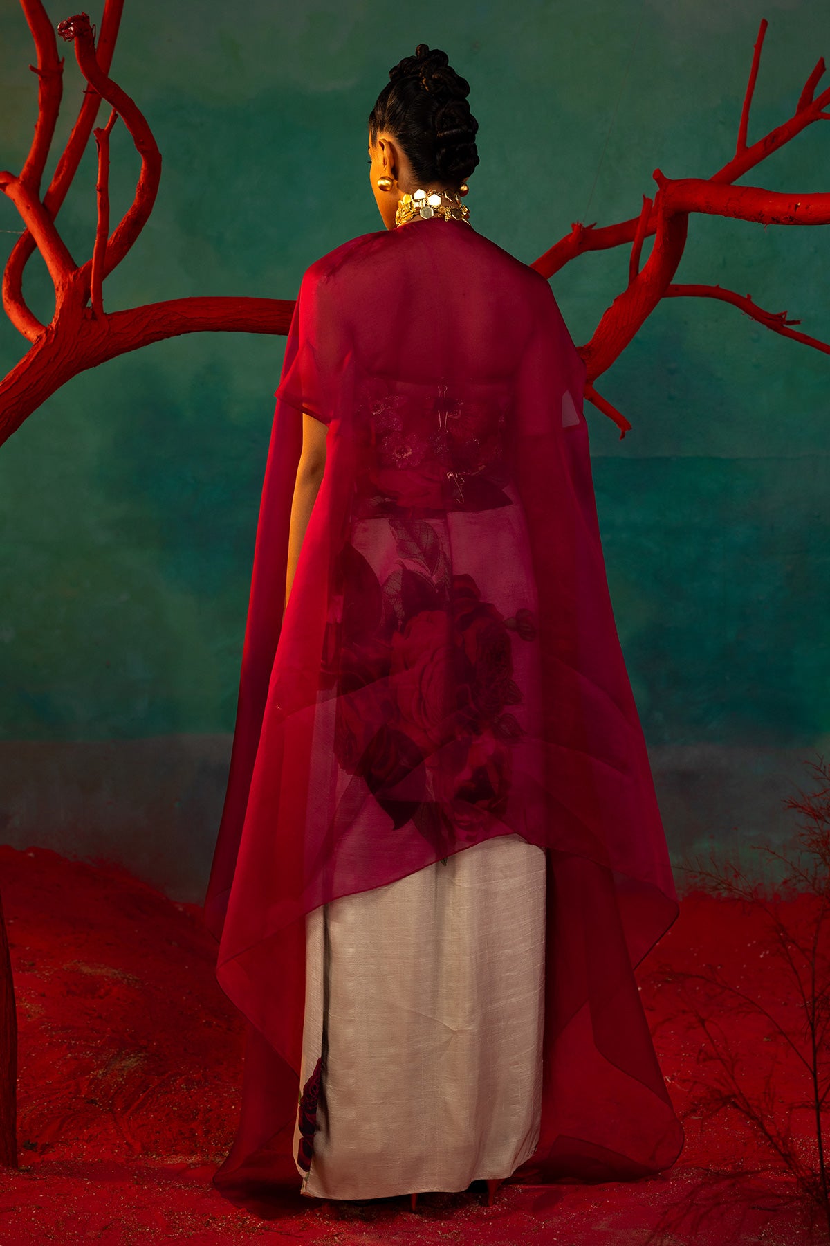 Embroidered Corset With Organza Cape With Drape Skirt