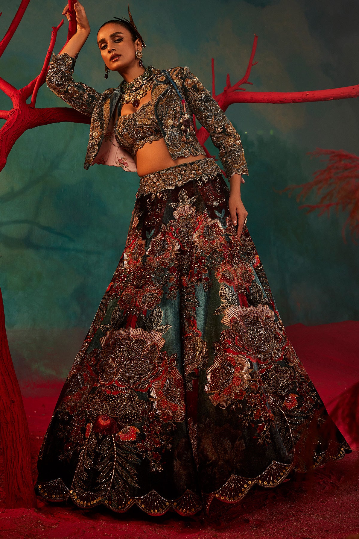 Teal Moroccan Velvet Lehenga