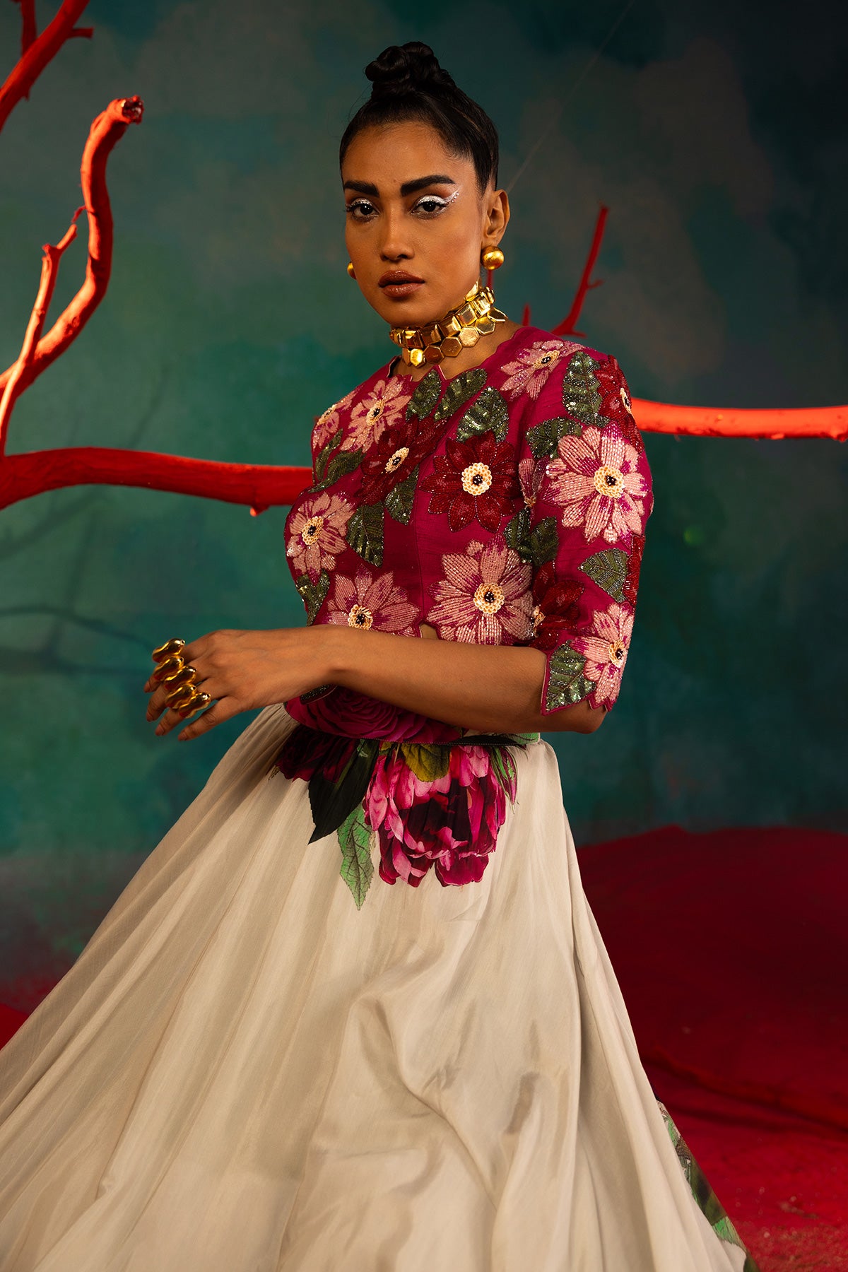 Embroidered Crop Top And Printed Skirt