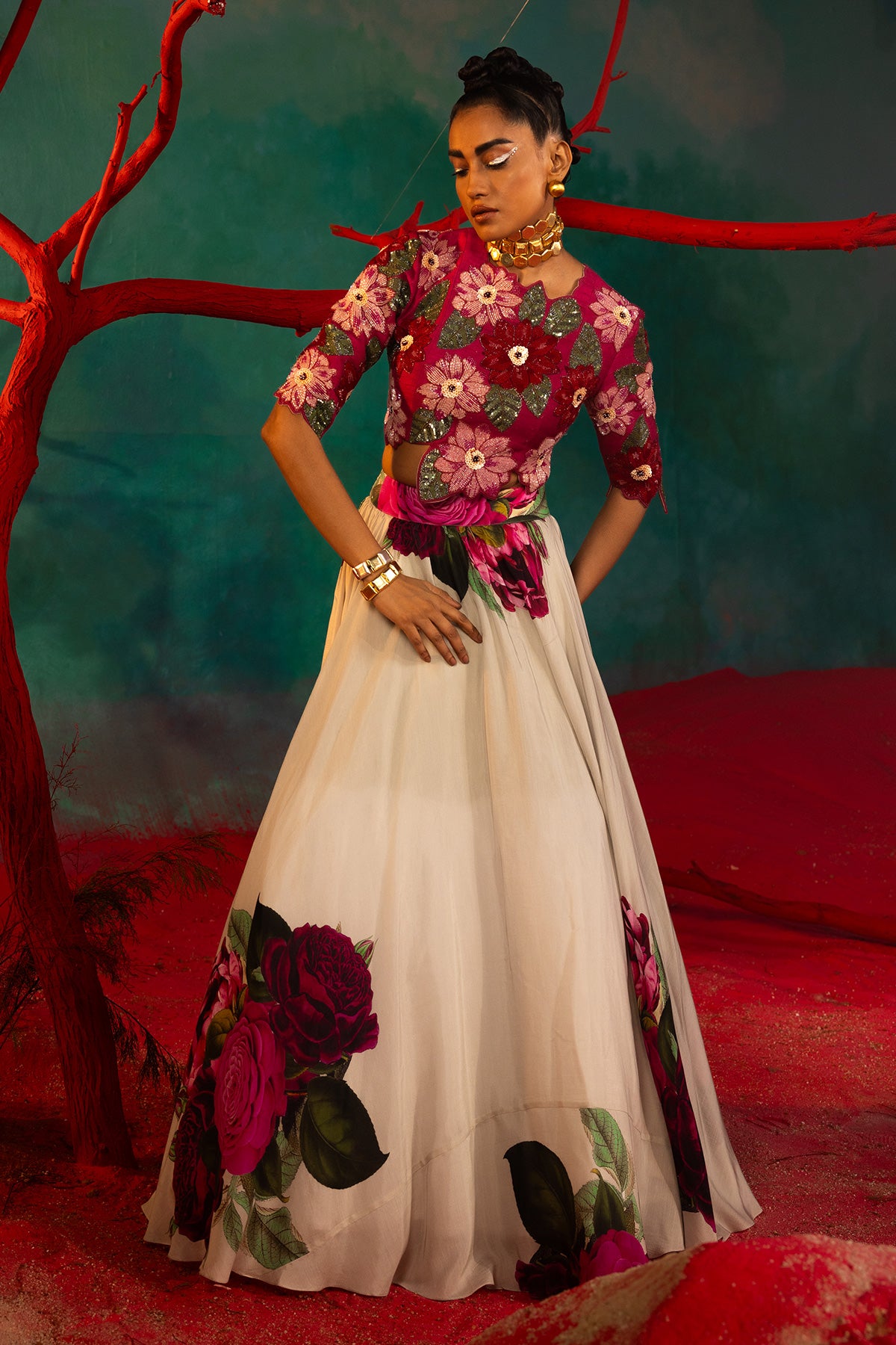 Embroidered Crop Top And Printed Skirt