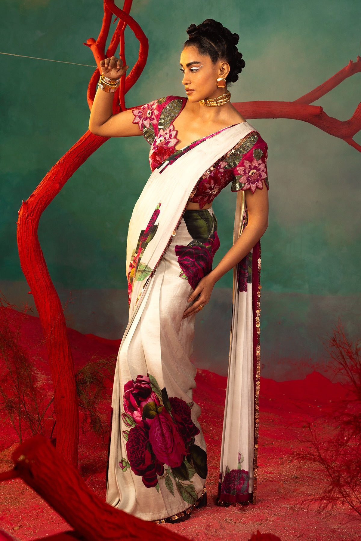 Pink Bold Floral Drape Saree