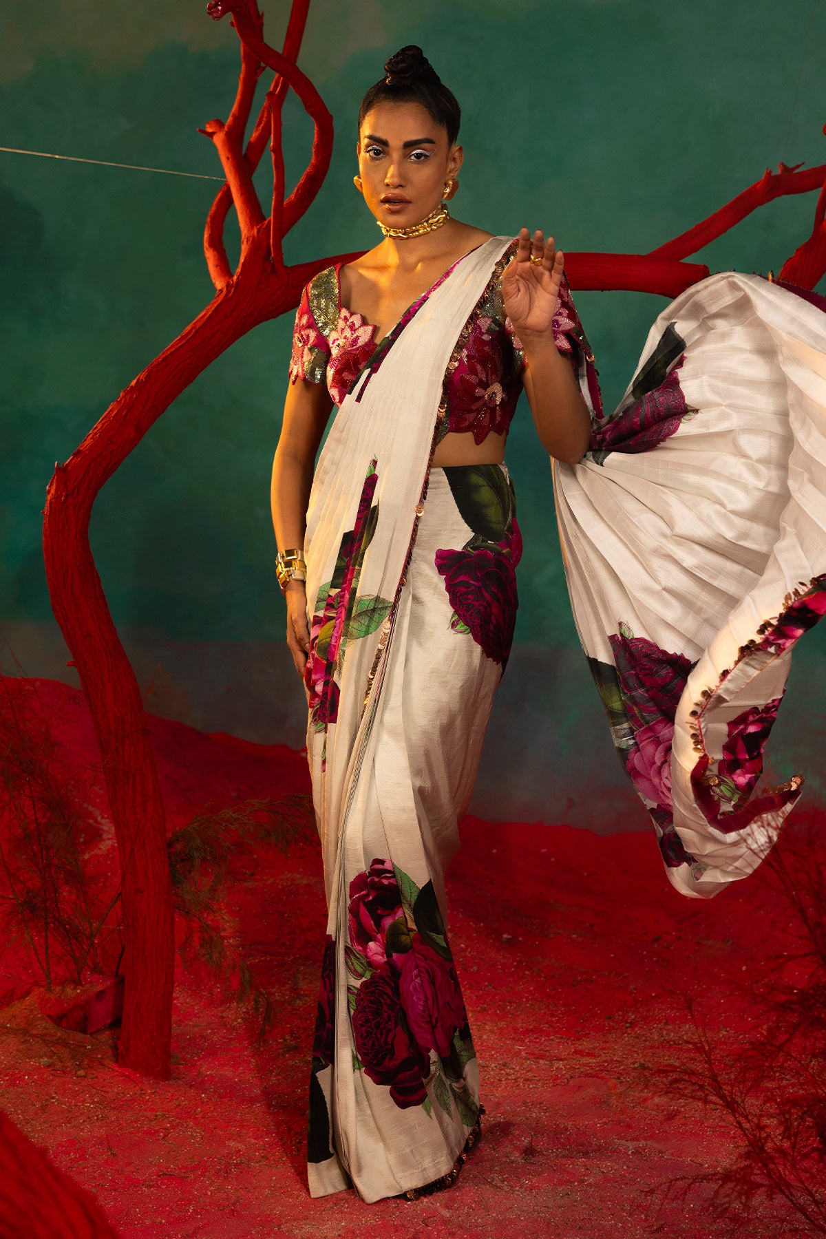Pink Bold Floral Drape Saree