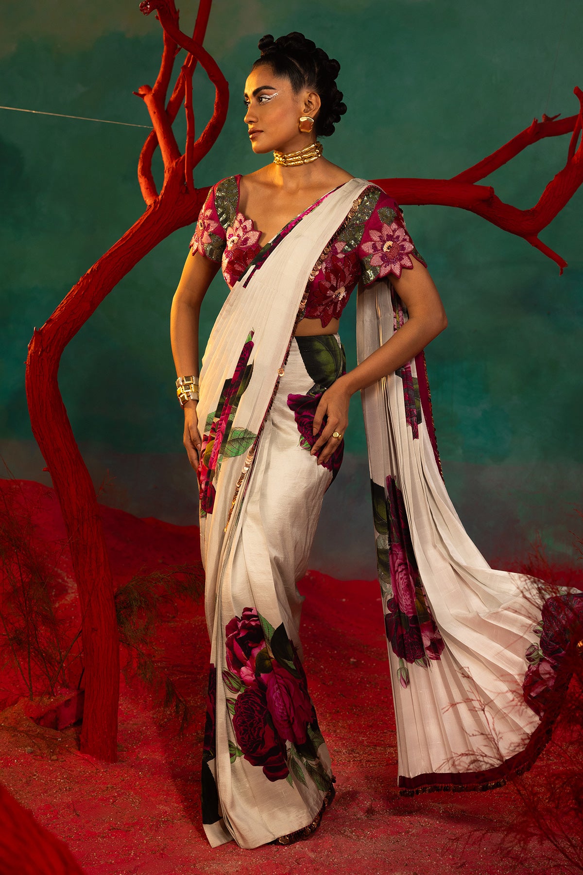 Pink Bold Floral Drape Saree