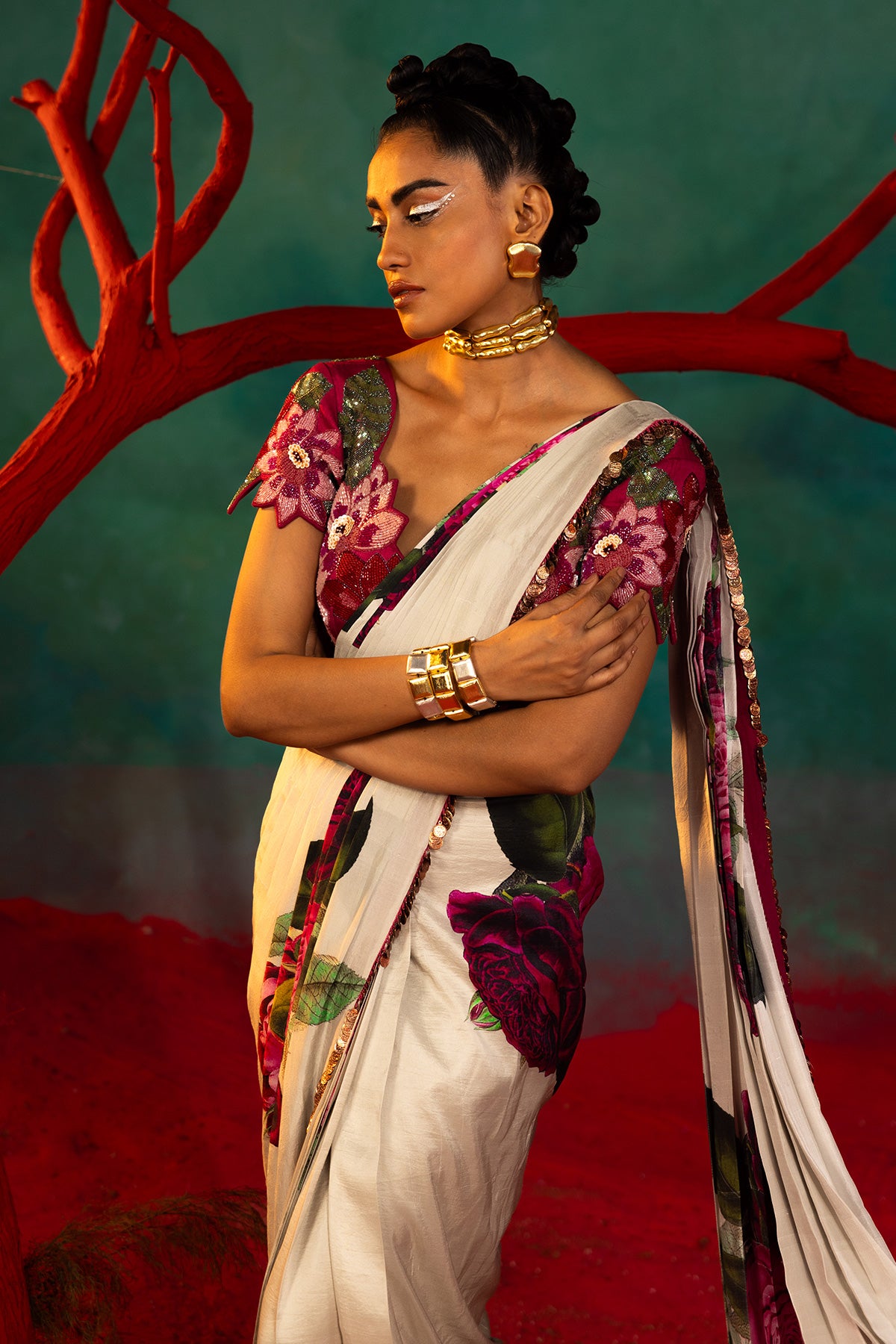 Pink Bold Floral Drape Saree