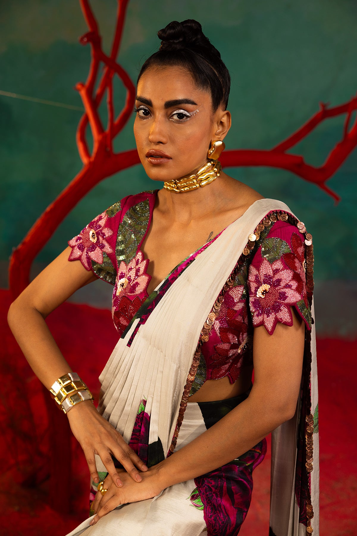 Pink Bold Floral Drape Saree