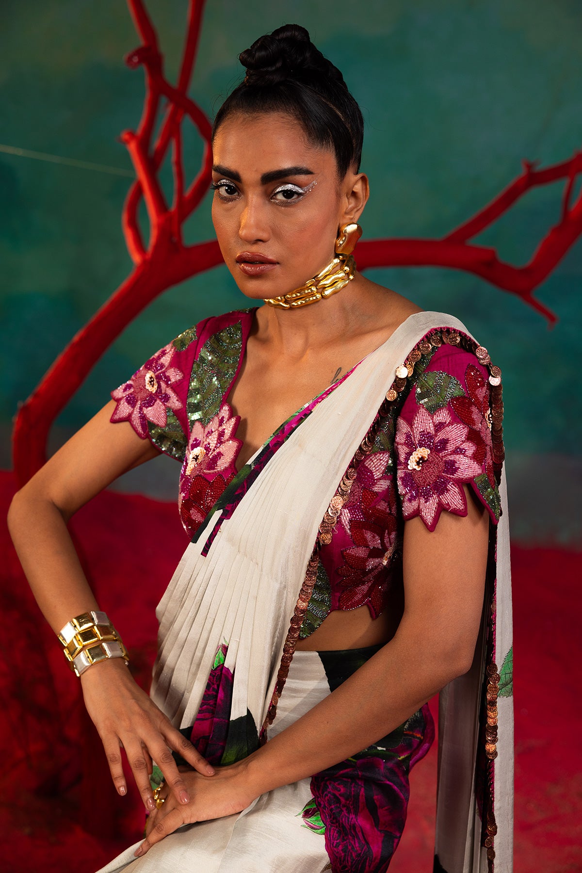 Pink Bold Floral Drape Saree