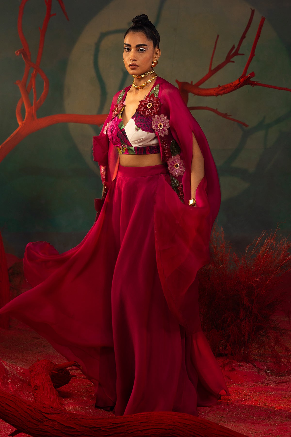 Embroidered Organza Cape With Sharara