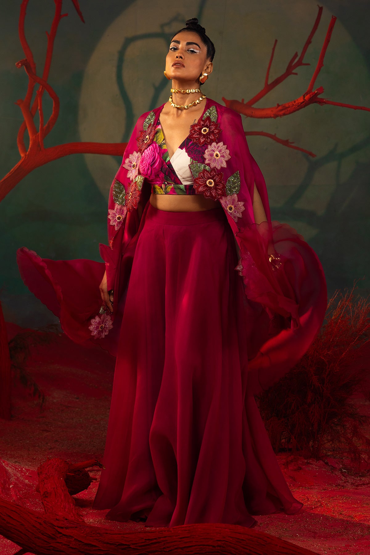 Embroidered Organza Cape With Sharara
