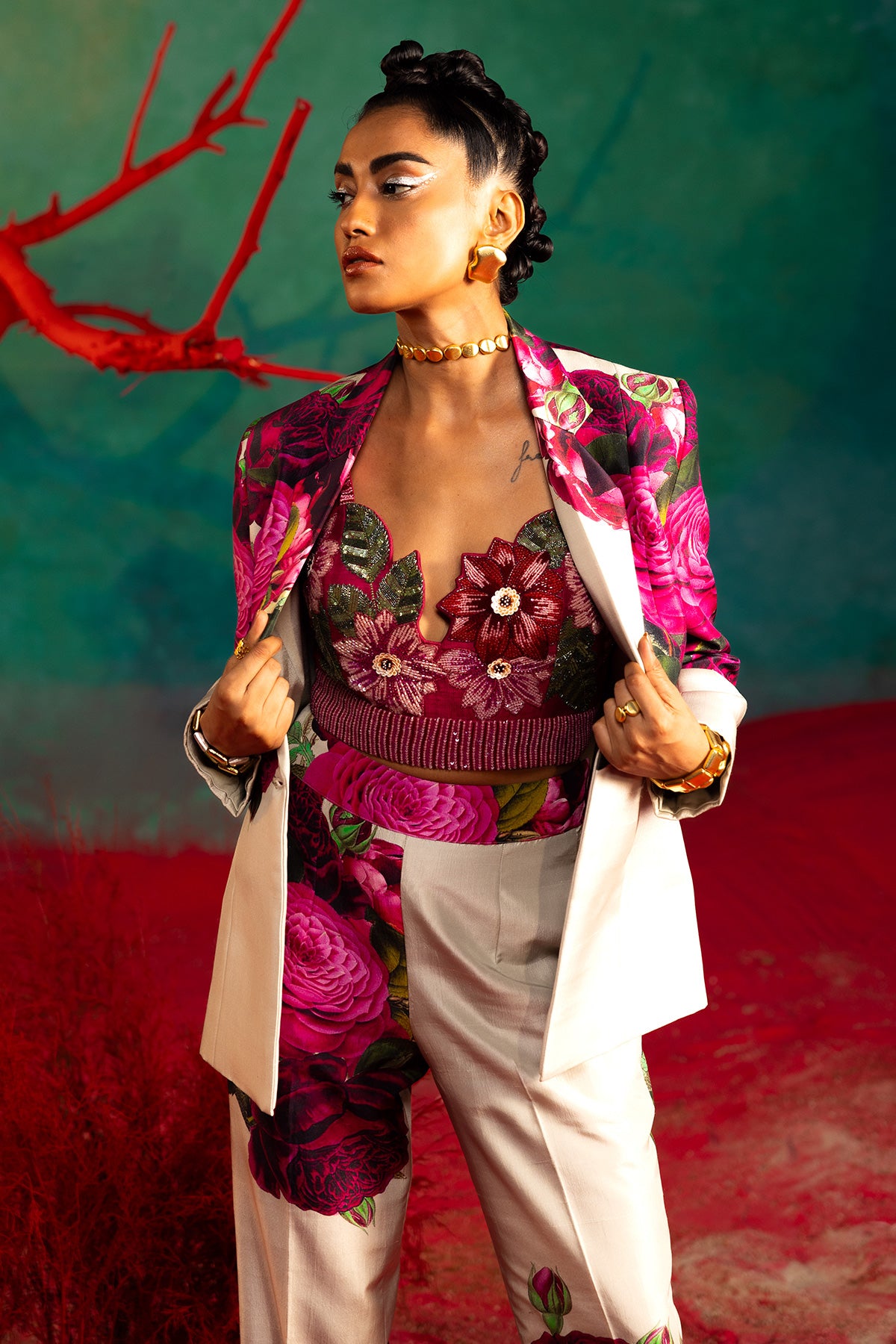Pink Bold floral Pants And Suit
