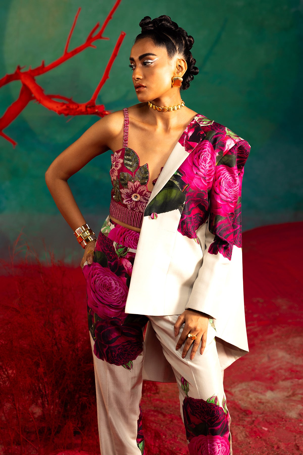 Pink Bold floral Pants And Suit