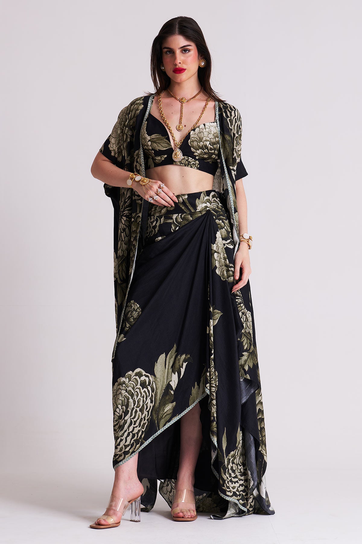 Co-ord set with cape and drape skirt