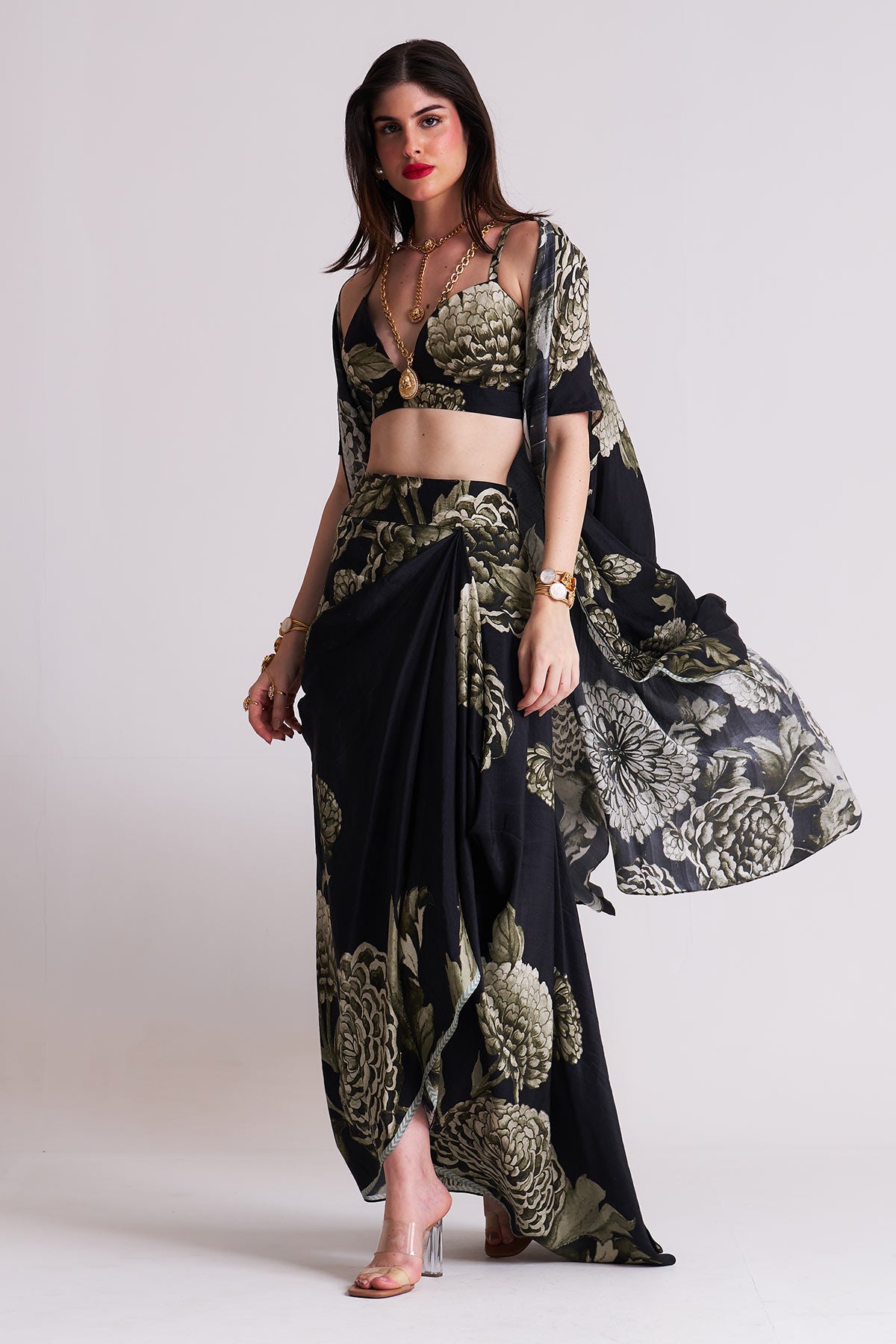 Co-ord set with cape and drape skirt
